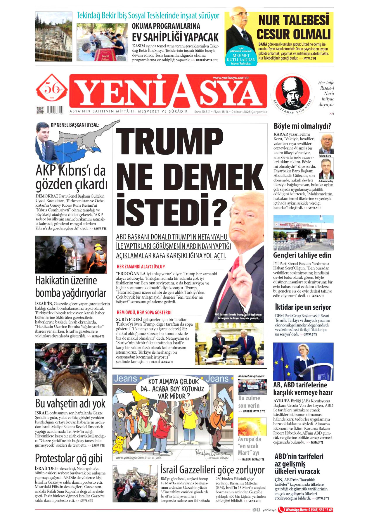 YENİ ASYA gazetesinin 9 Nisan 2025 tarihli birinci sayfası