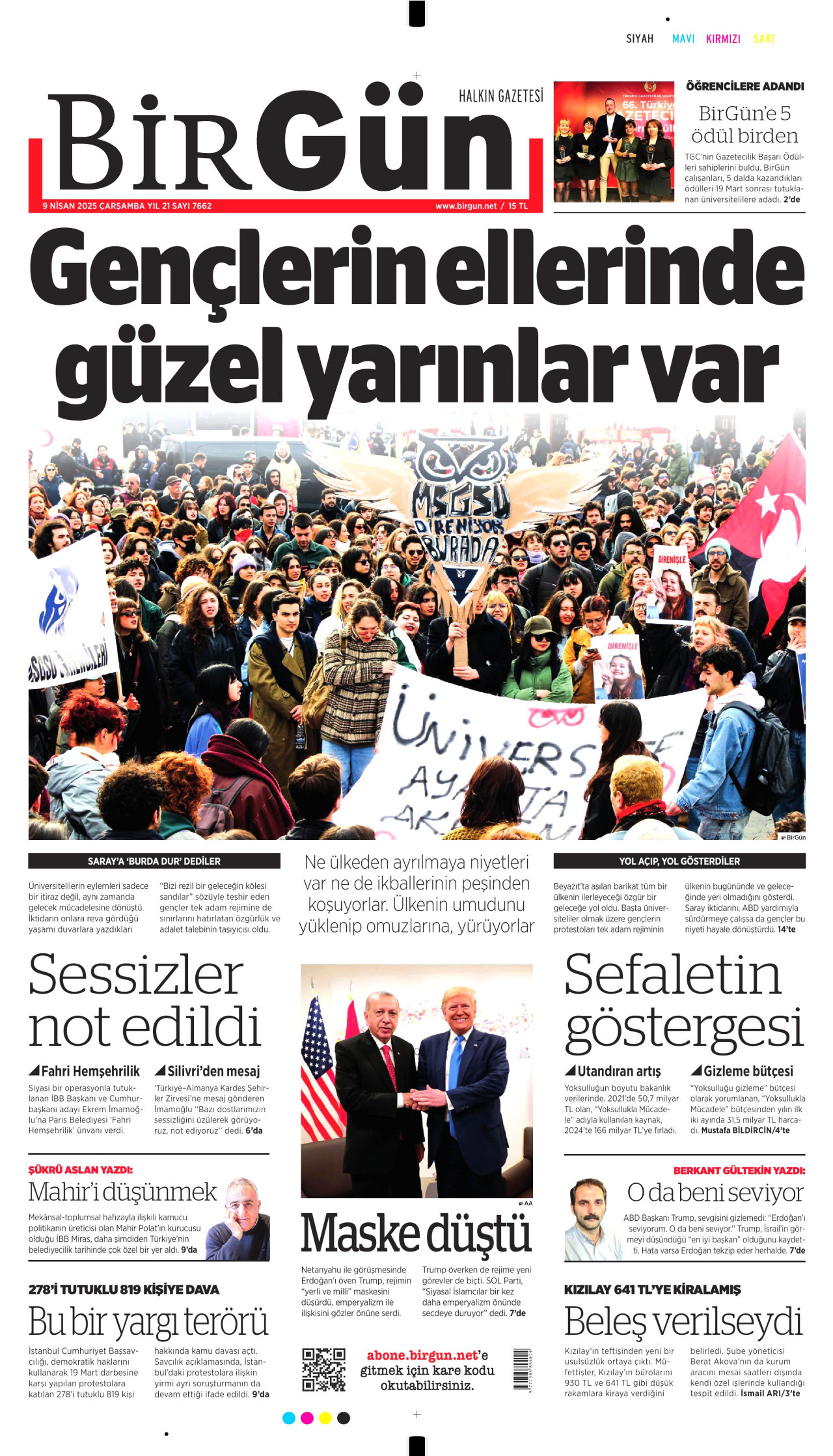 BİRGÜN gazetesinin 9 Nisan 2025 tarihli birinci sayfası
