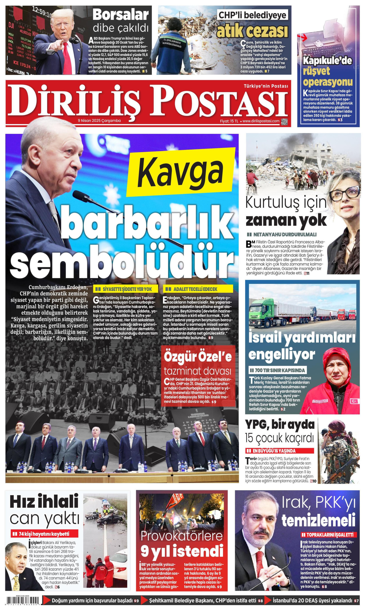 DİRİLİŞ POSTASI gazetesinin 9 Nisan 2025 tarihli birinci sayfası