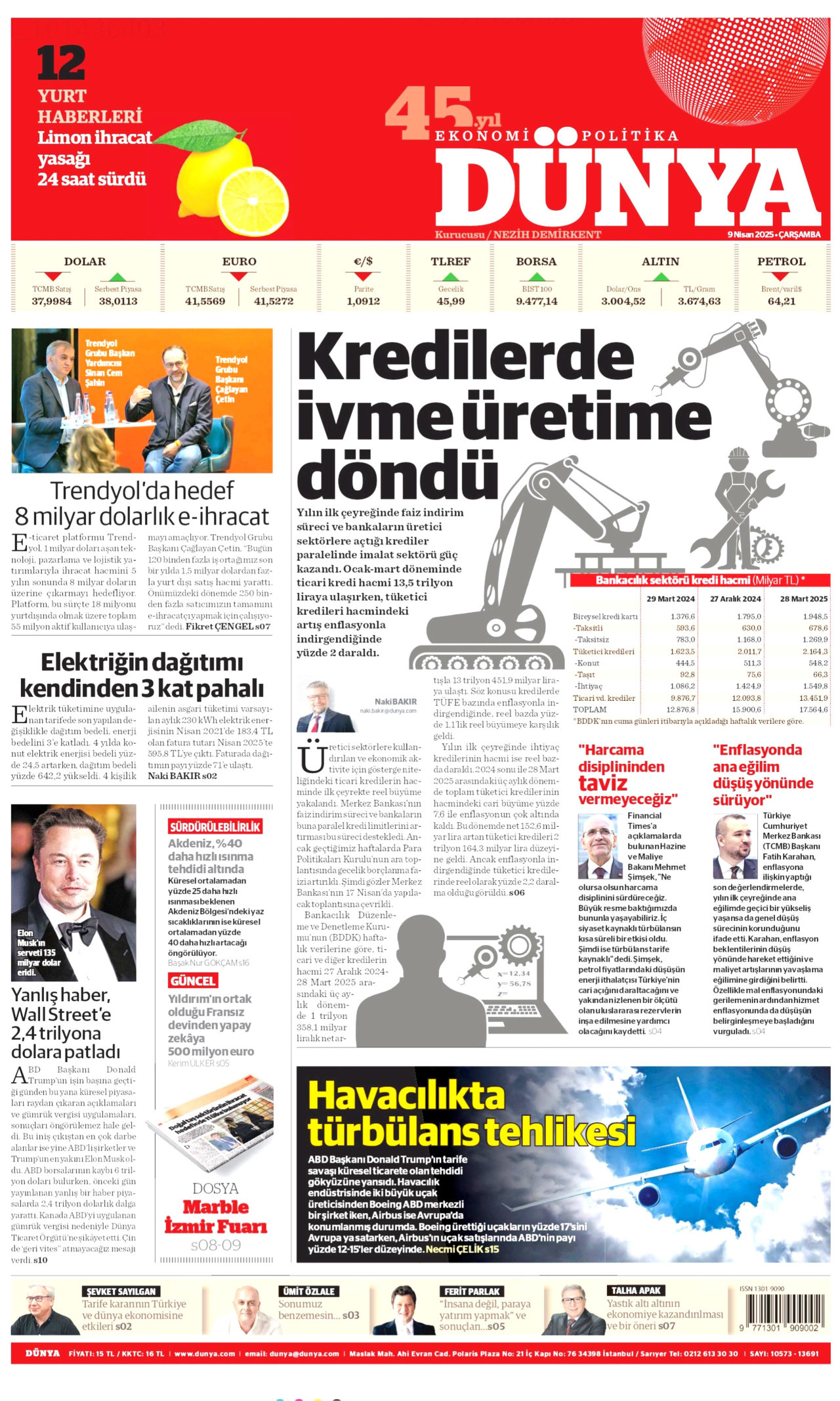 DÜNYA gazetesinin 9 Nisan 2025 tarihli birinci sayfası