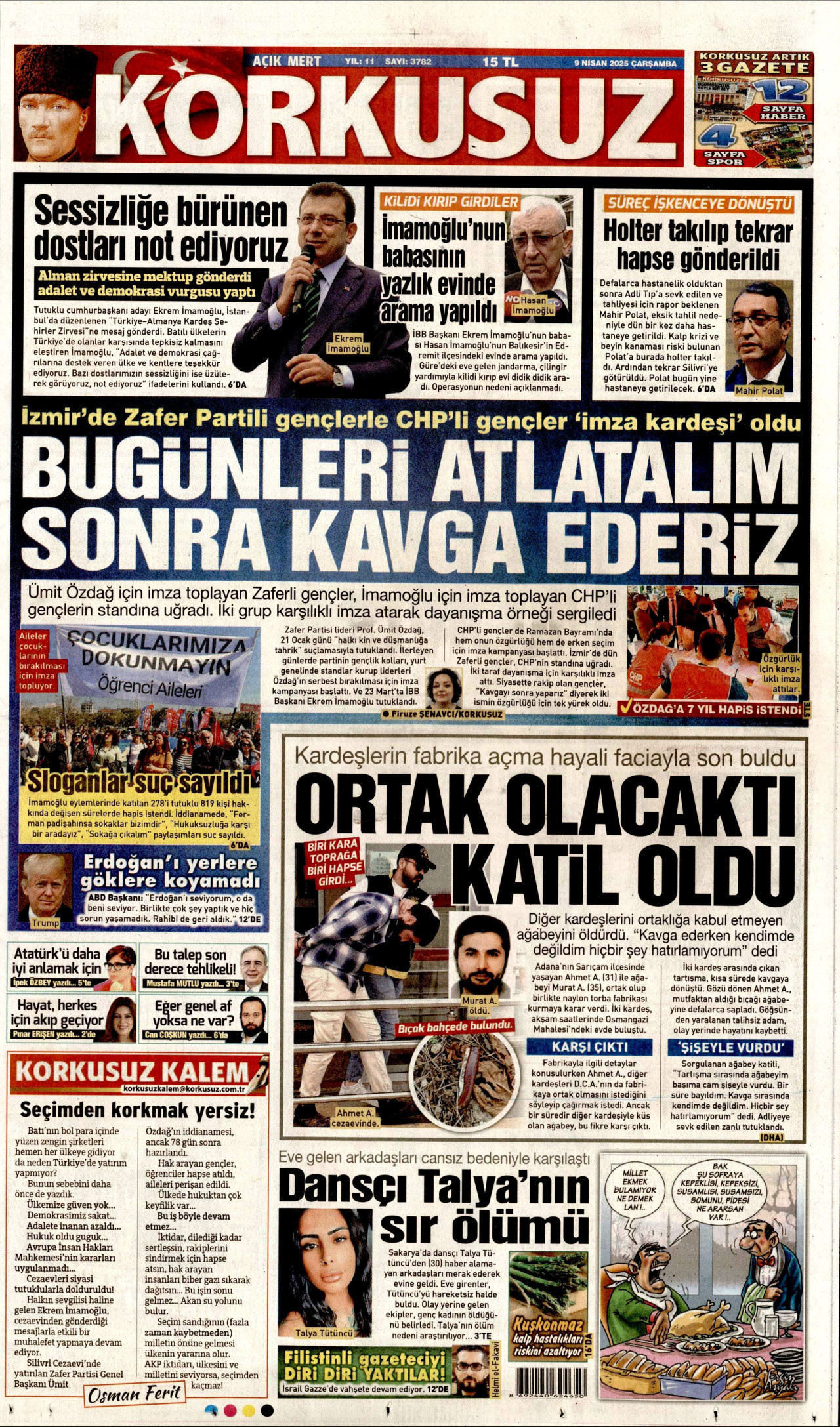 KORKUSUZ gazetesinin 9 Nisan 2025 tarihli birinci sayfası