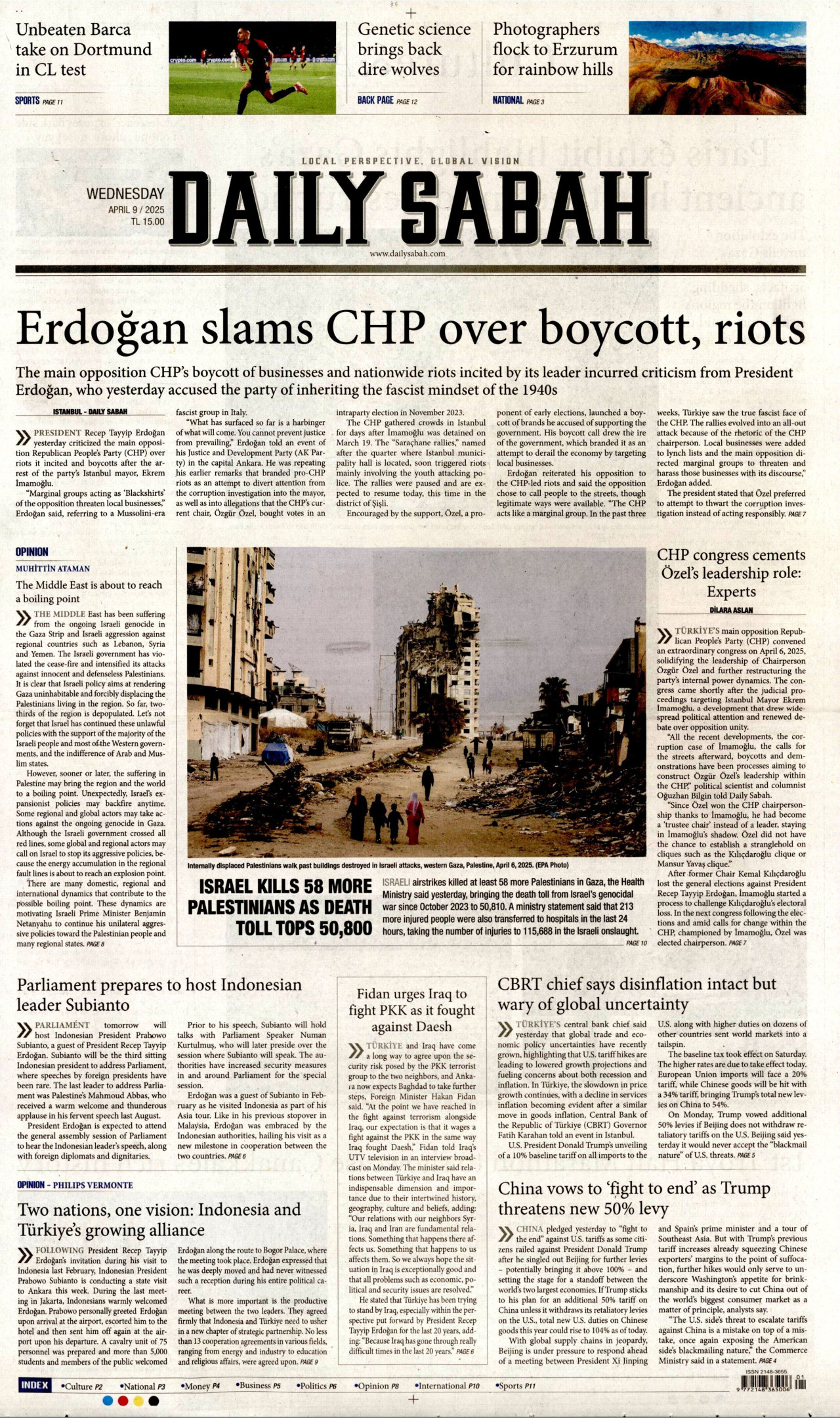 DAİLY SABAH gazetesinin 9 Nisan 2025 tarihli birinci sayfası