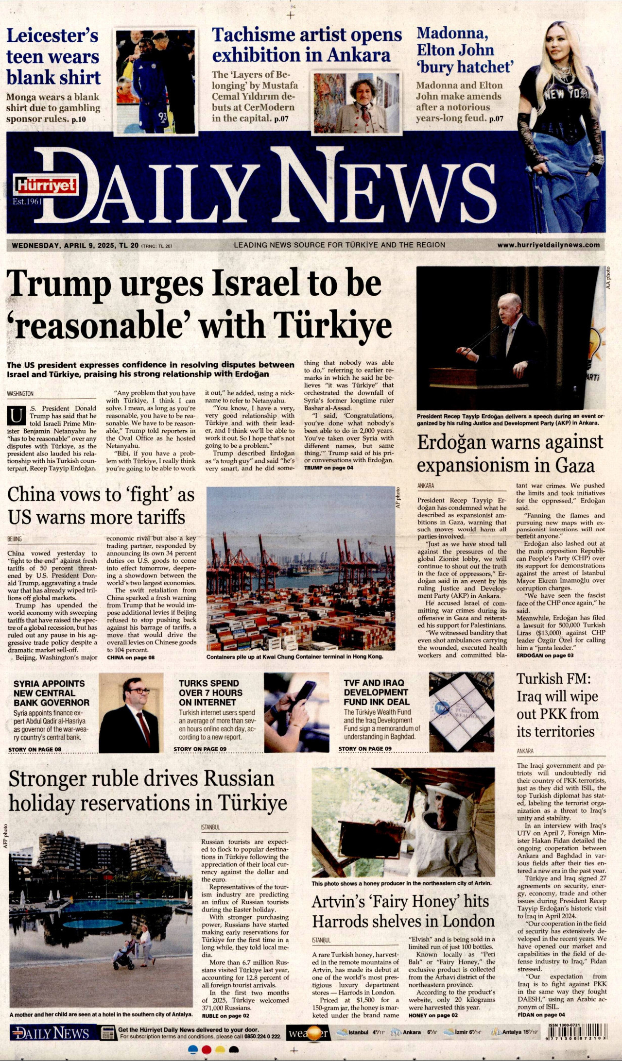 HÜRRİYET DAİLY NEWS gazetesinin 9 Nisan 2025 tarihli birinci sayfası
