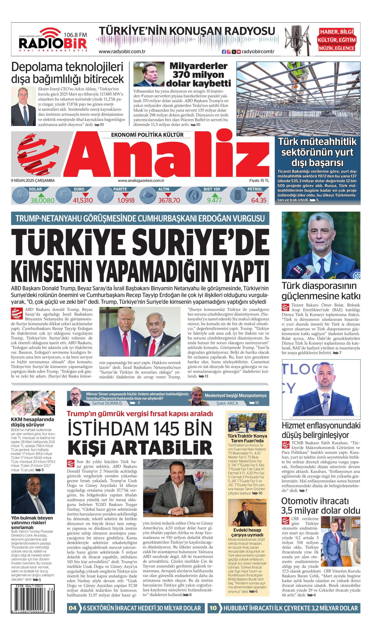 ANALİZ gazetesinin 9 Nisan 2025 tarihli birinci sayfası