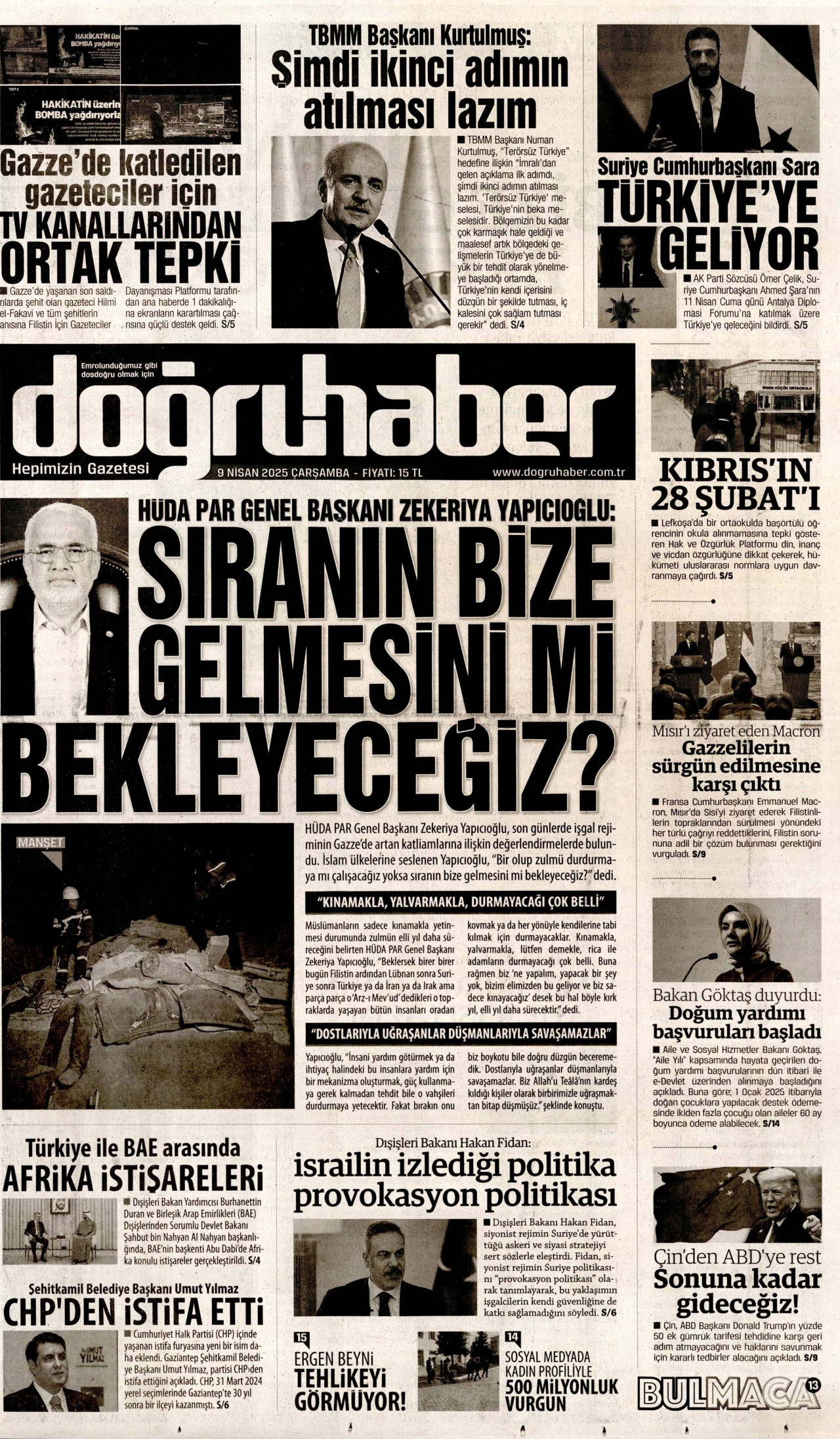 DOĞRU HABER gazetesinin 9 Nisan 2025 tarihli birinci sayfası