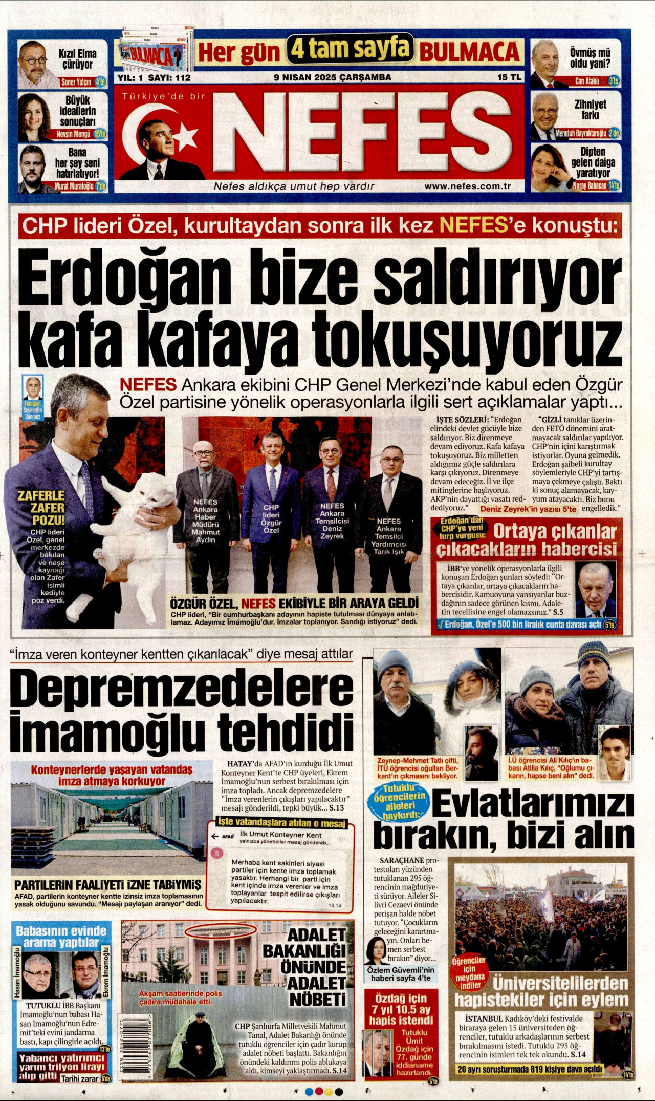 NEFES gazetesinin 9 Nisan 2025 tarihli birinci sayfası