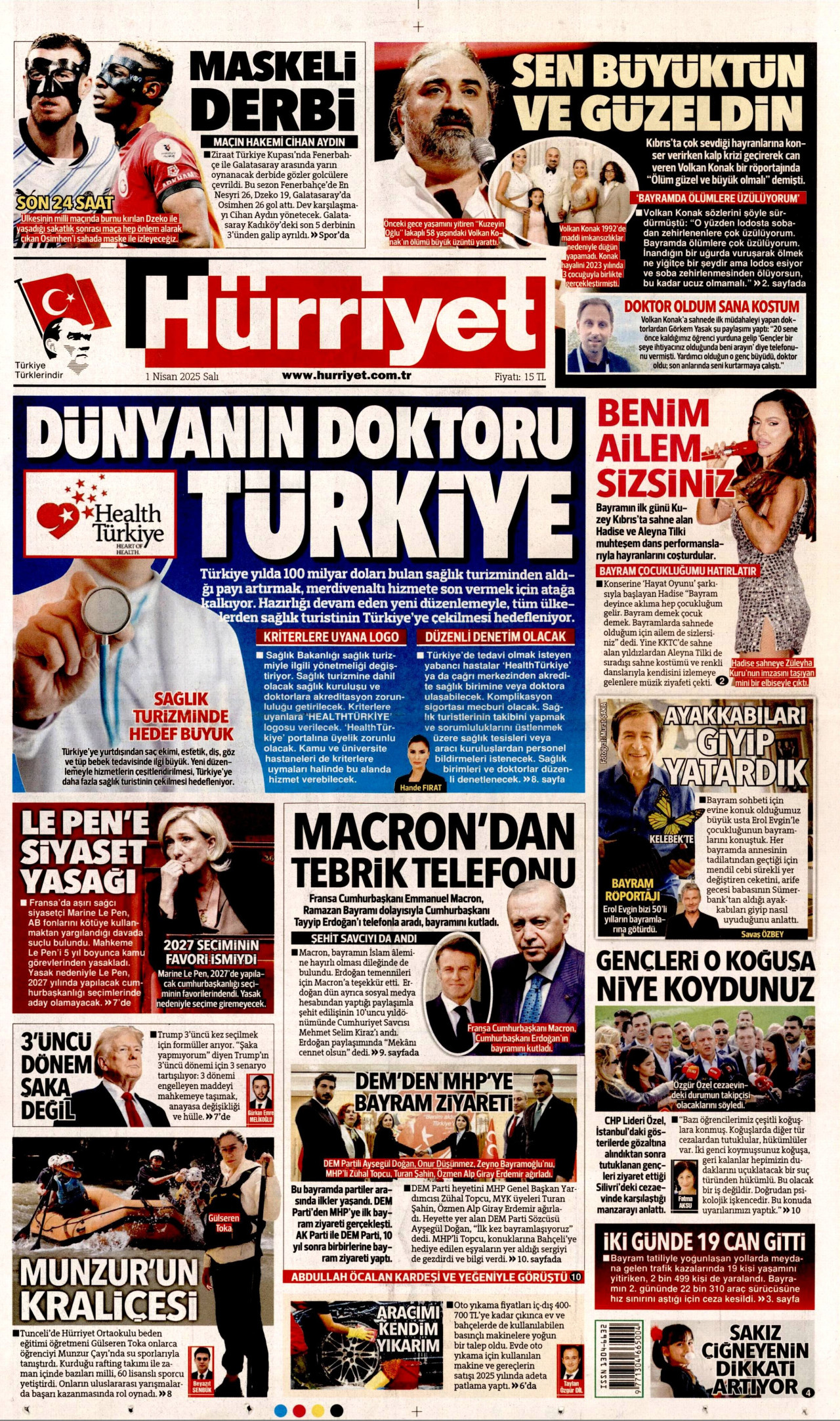 HÜRRİYET gazetesinin 1 Nisan 2025 tarihli birinci sayfası
