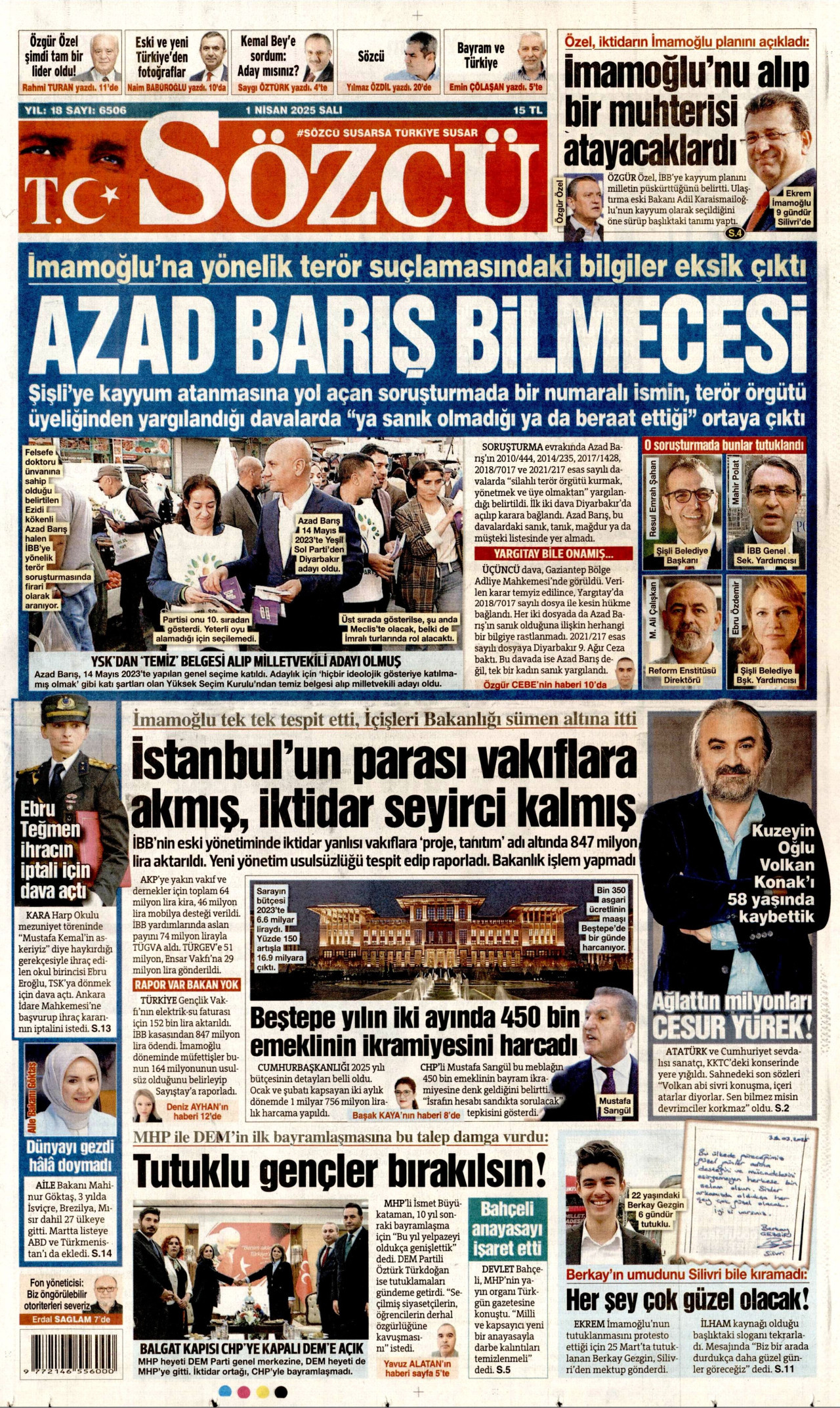 SÖZCÜ gazetesinin 1 Nisan 2025 tarihli birinci sayfası