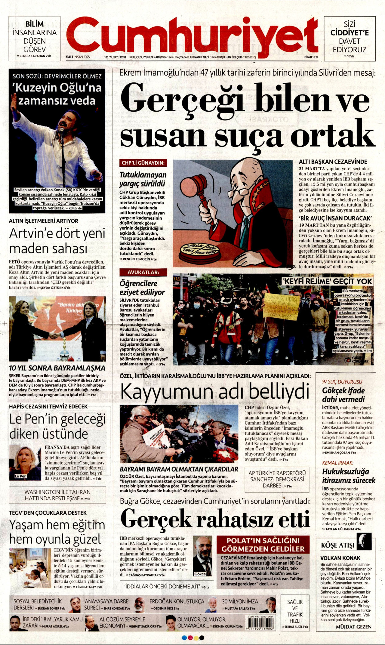 CUMHURİYET gazetesinin 1 Nisan 2025 tarihli birinci sayfası