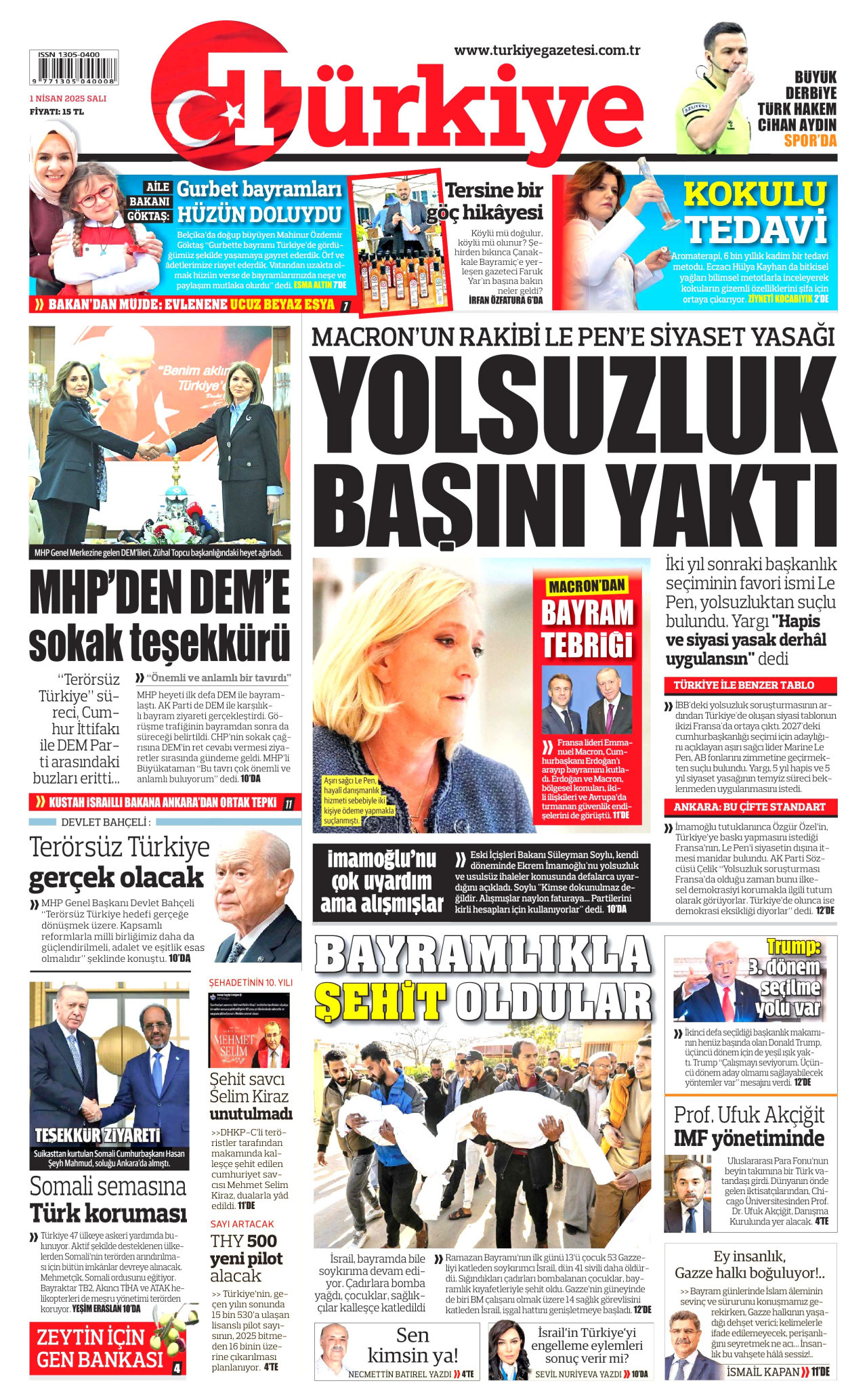 TÜRKİYE GAZETESİ gazetesinin 1 Nisan 2025 tarihli birinci sayfası