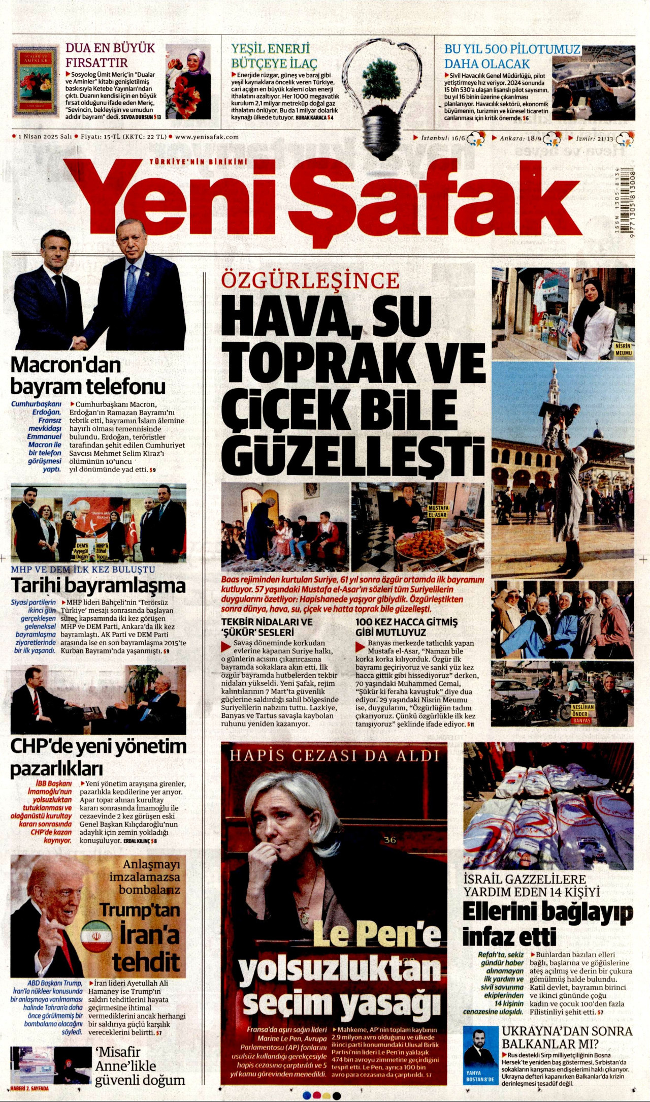 YENİ ŞAFAK gazetesinin 1 Nisan 2025 tarihli birinci sayfası