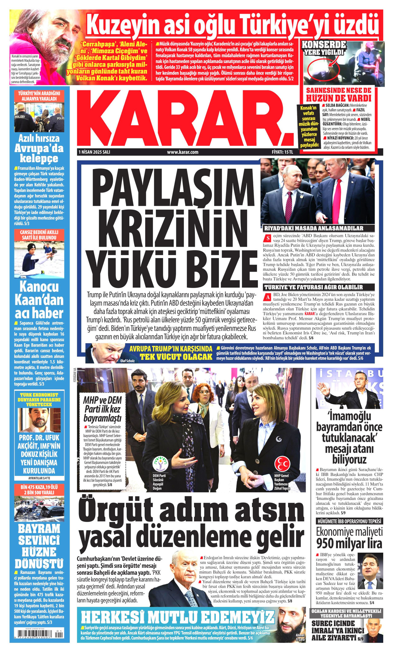KARAR gazetesinin 1 Nisan 2025 tarihli birinci sayfası