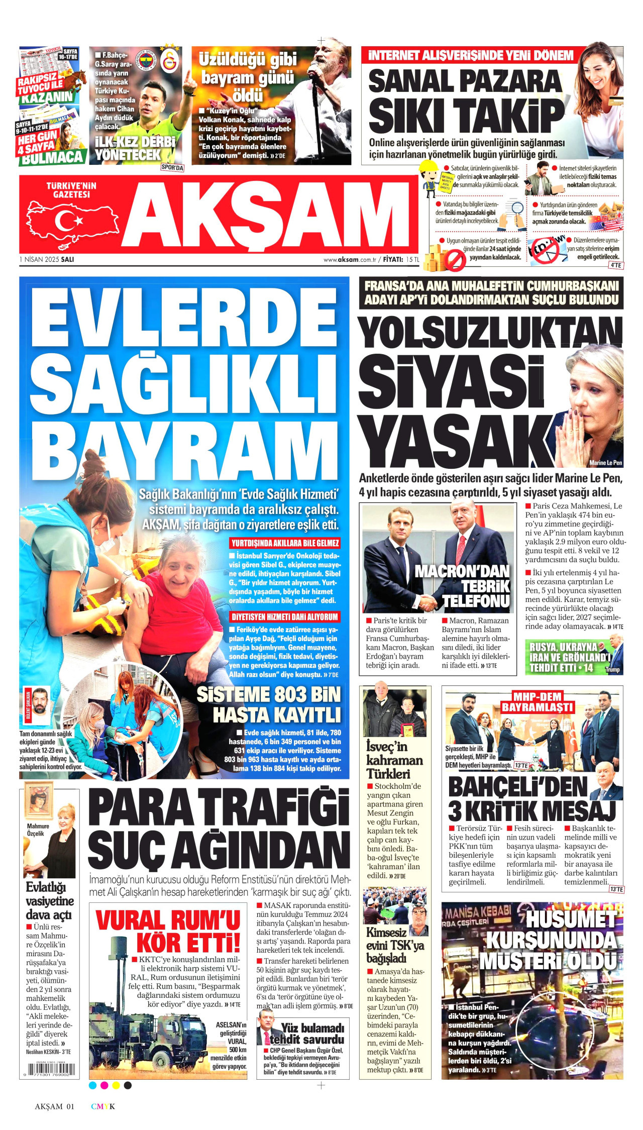AKŞAM gazetesinin 1 Nisan 2025 tarihli birinci sayfası