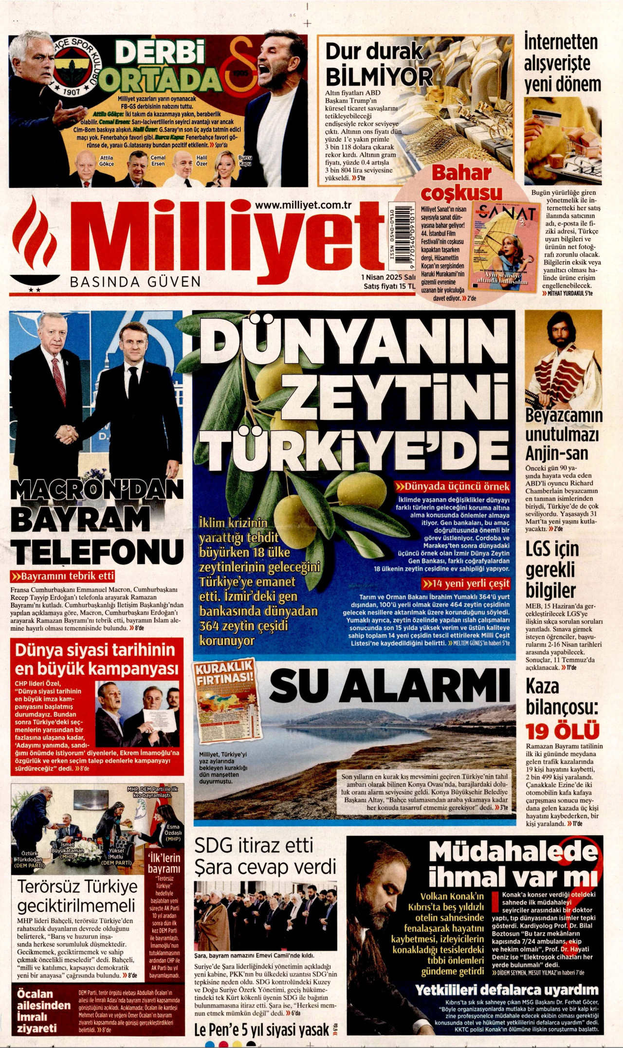 MİLLİYET gazetesinin 1 Nisan 2025 tarihli birinci sayfası
