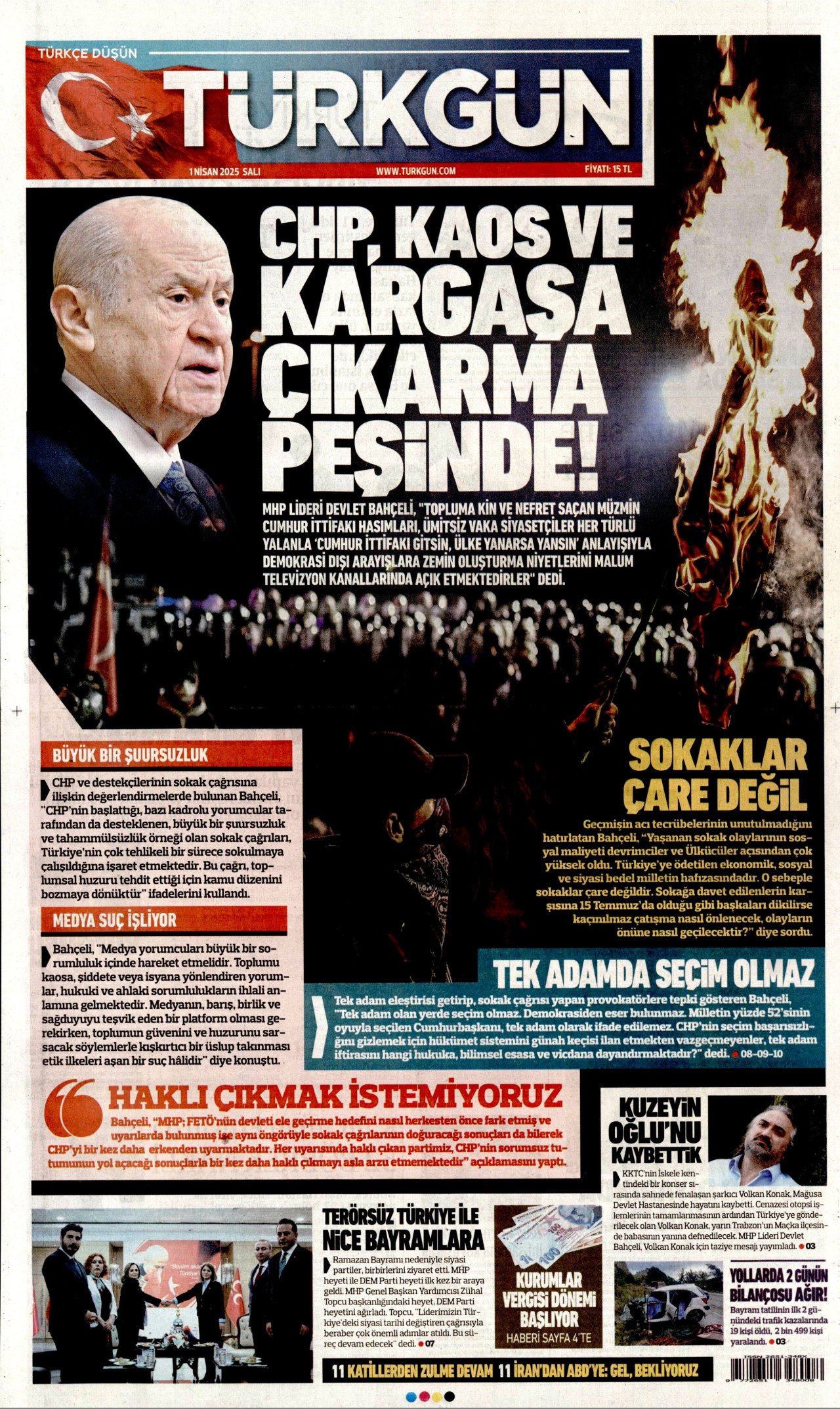 TÜRKGÜN gazetesinin 1 Nisan 2025 tarihli birinci sayfası