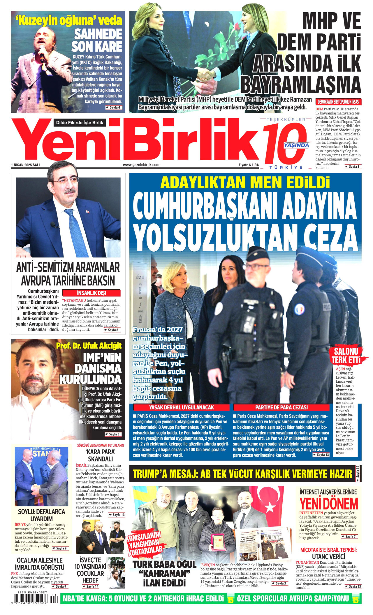 YENİBİRLİK gazetesinin 1 Nisan 2025 tarihli birinci sayfası