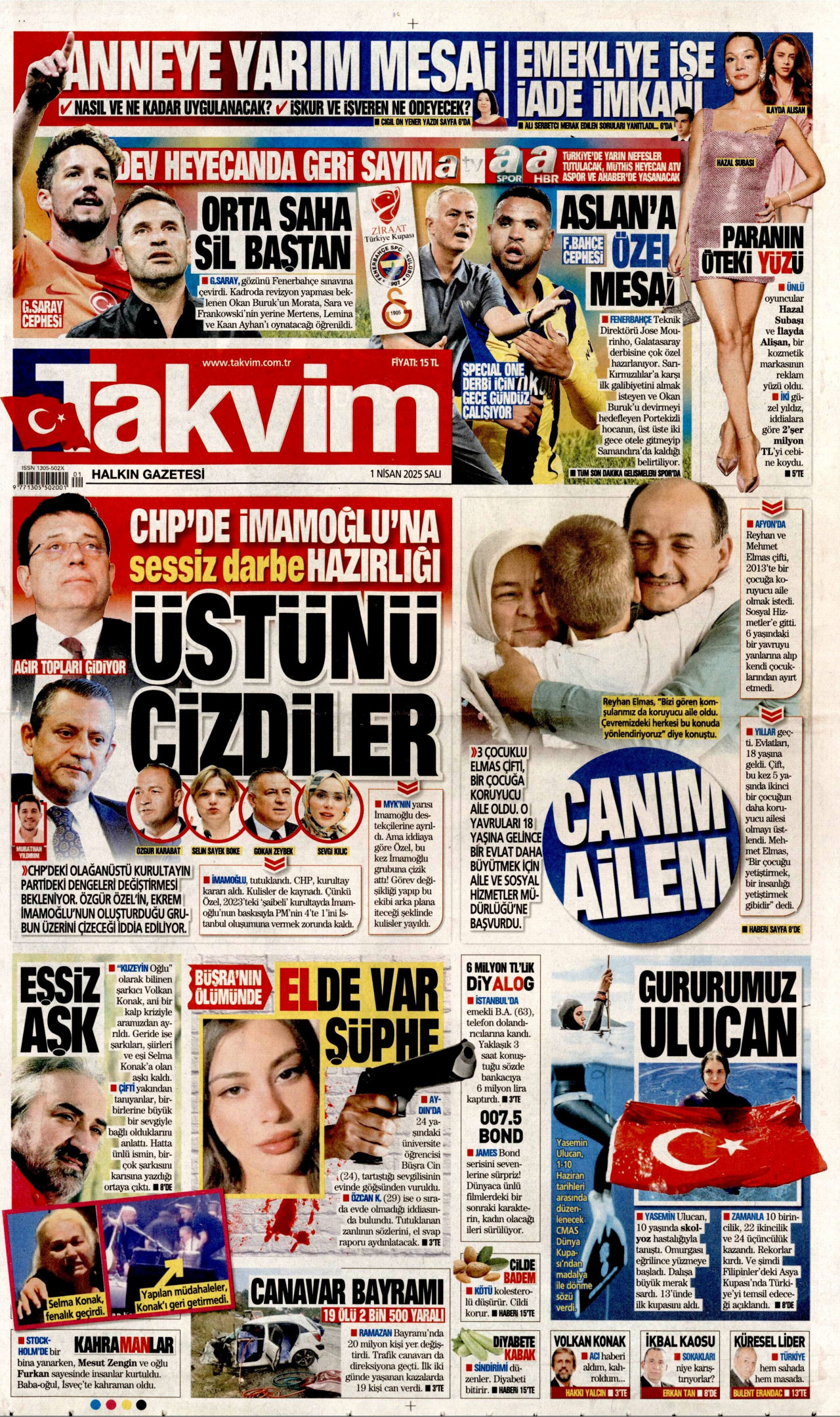 TAKVİM gazetesinin 1 Nisan 2025 tarihli birinci sayfası