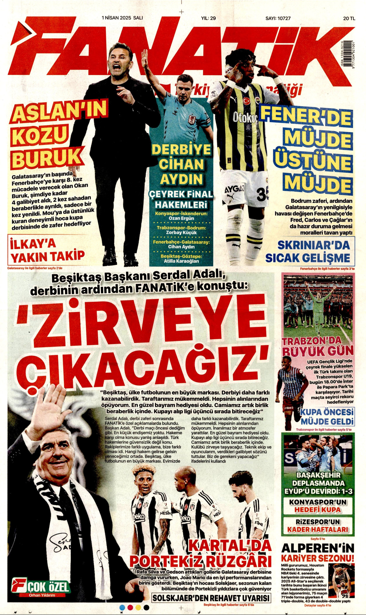 FANATİK gazetesinin 1 Nisan 2025 tarihli birinci sayfası