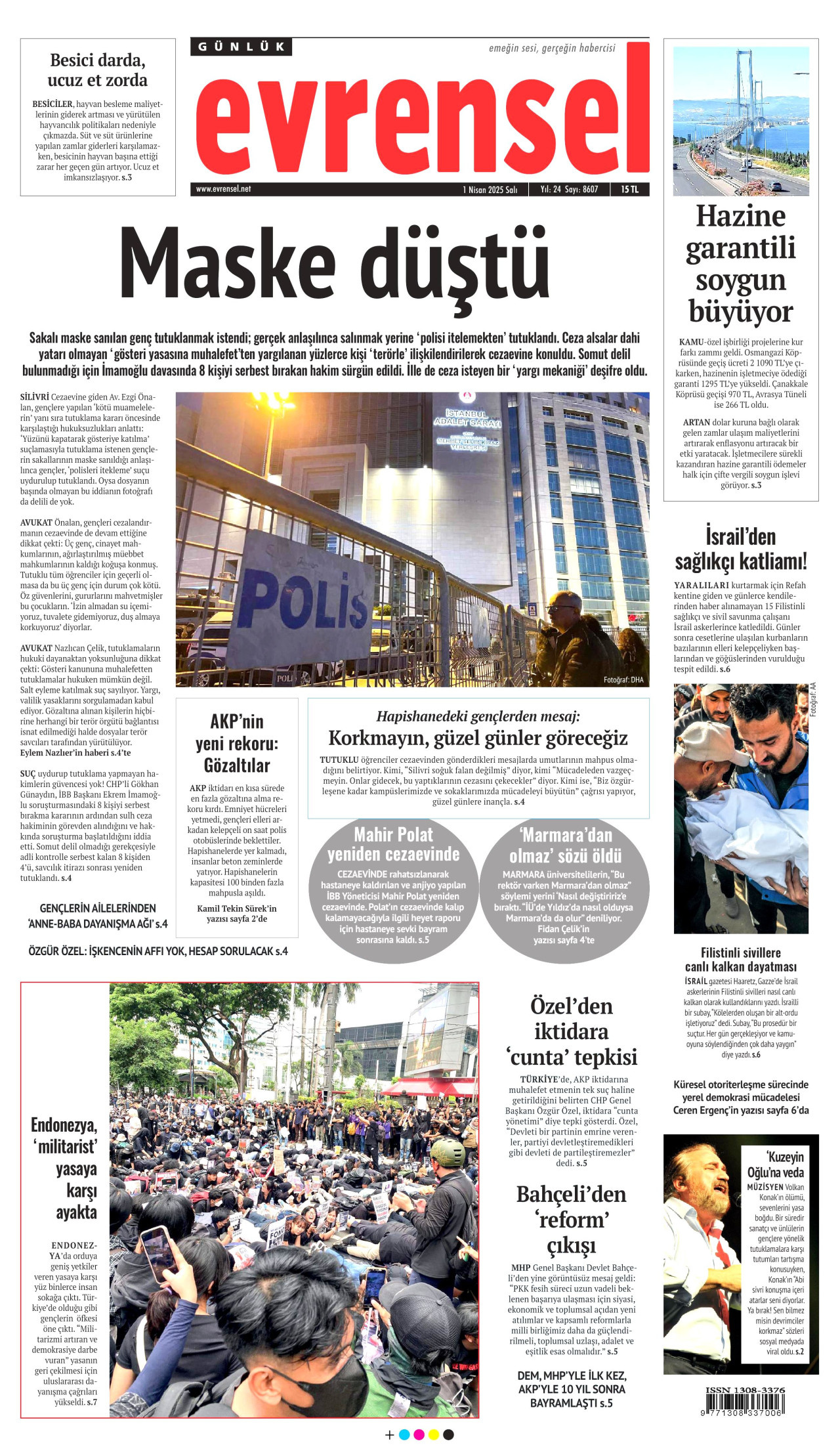 EVRENSEL gazetesinin 1 Nisan 2025 tarihli birinci sayfası