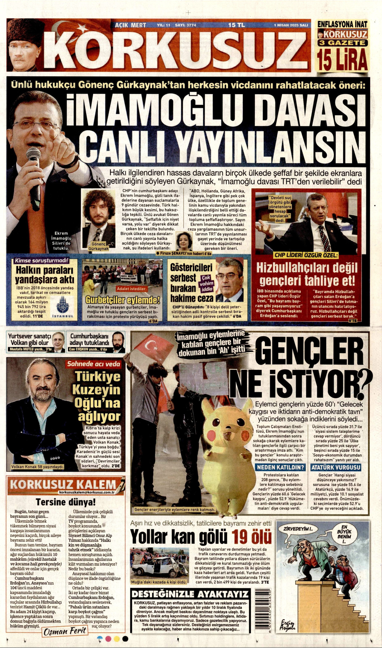 KORKUSUZ gazetesinin 1 Nisan 2025 tarihli birinci sayfası