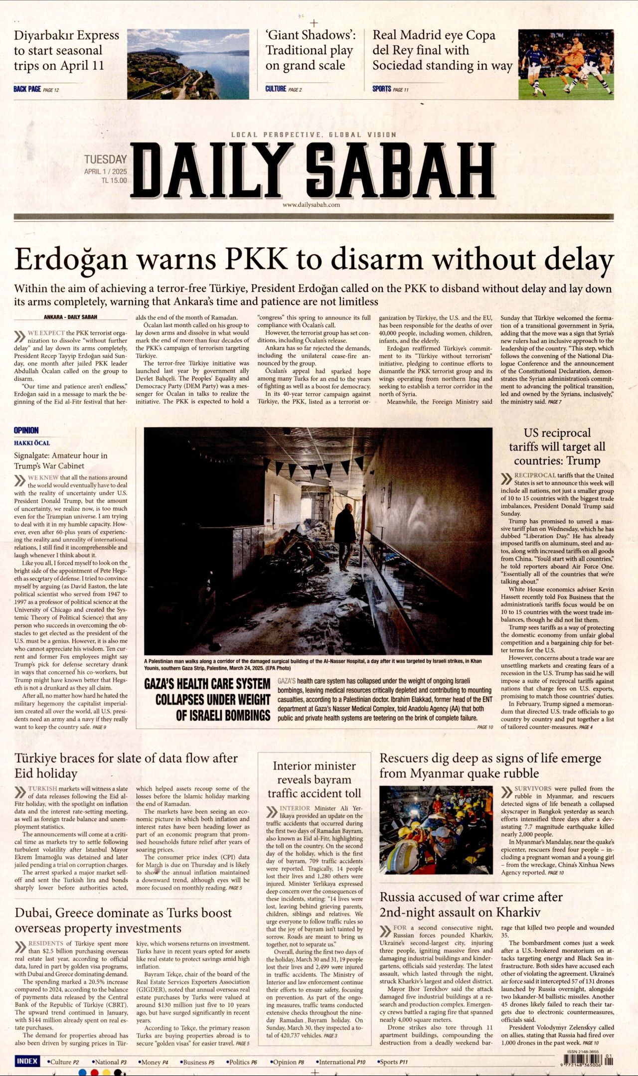DAİLY SABAH gazetesinin 1 Nisan 2025 tarihli birinci sayfası