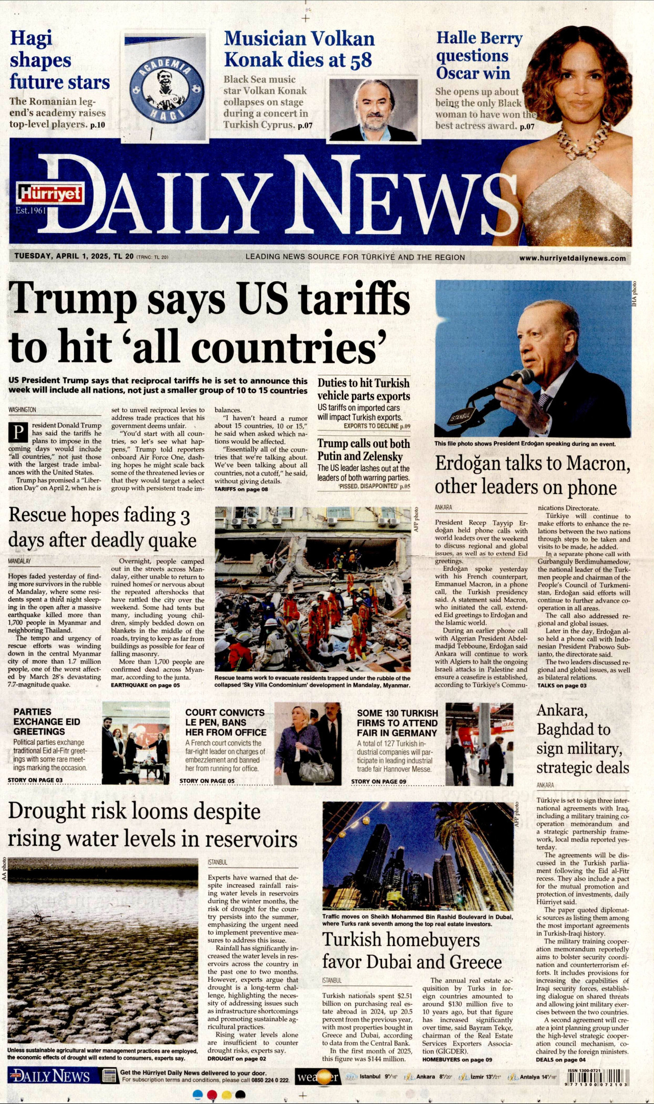 HÜRRİYET DAİLY NEWS gazetesinin 1 Nisan 2025 tarihli birinci sayfası