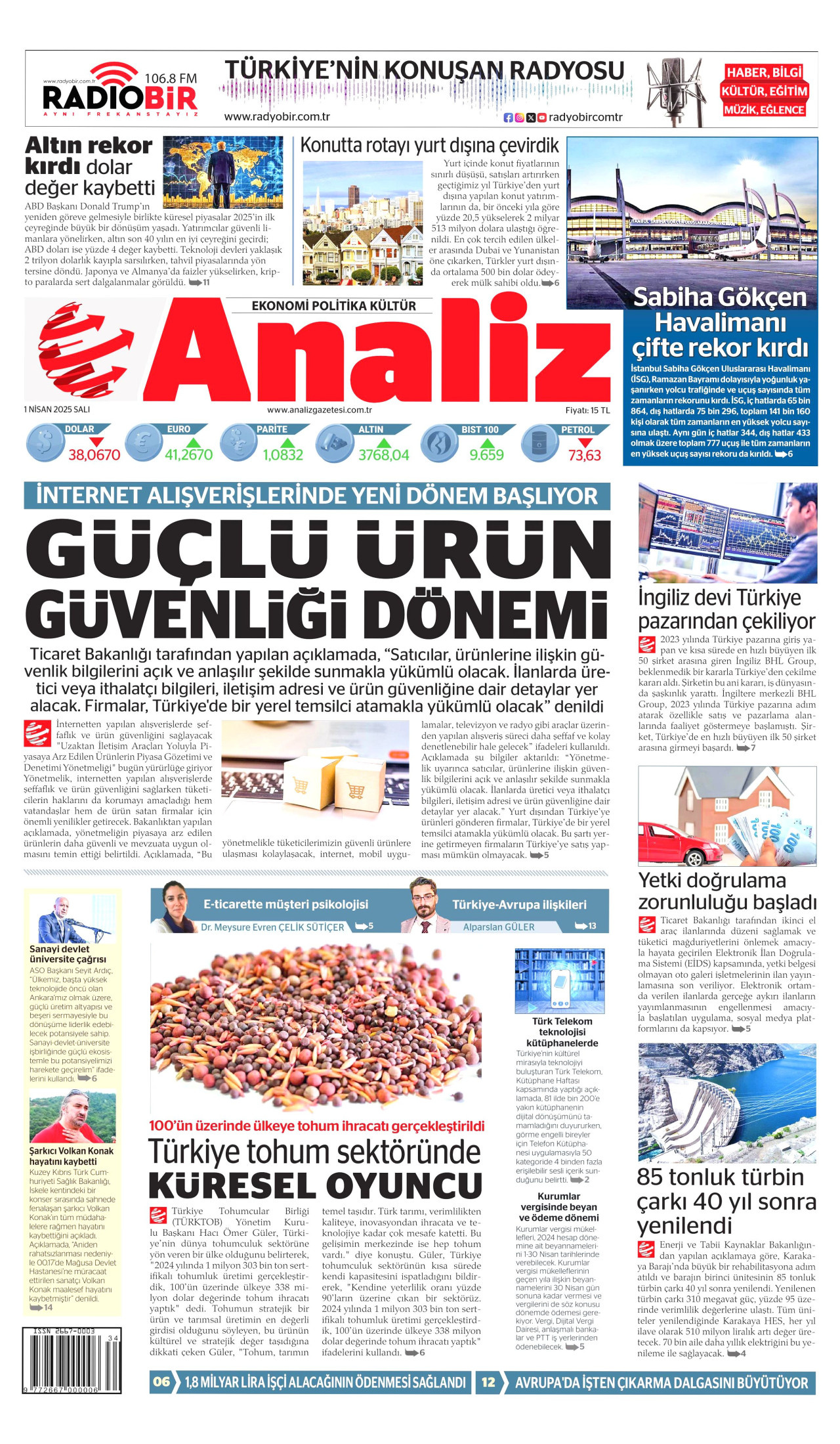 ANALİZ gazetesinin 1 Nisan 2025 tarihli birinci sayfası