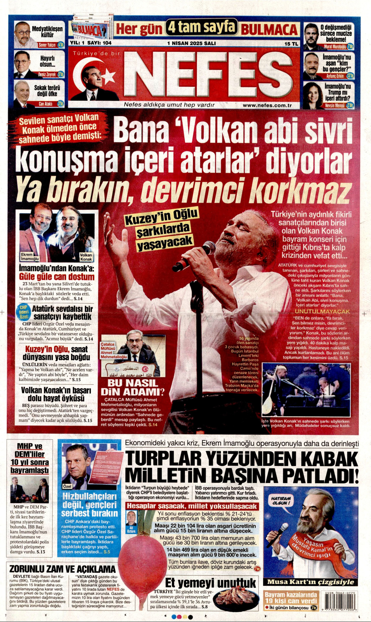 NEFES gazetesinin 1 Nisan 2025 tarihli birinci sayfası