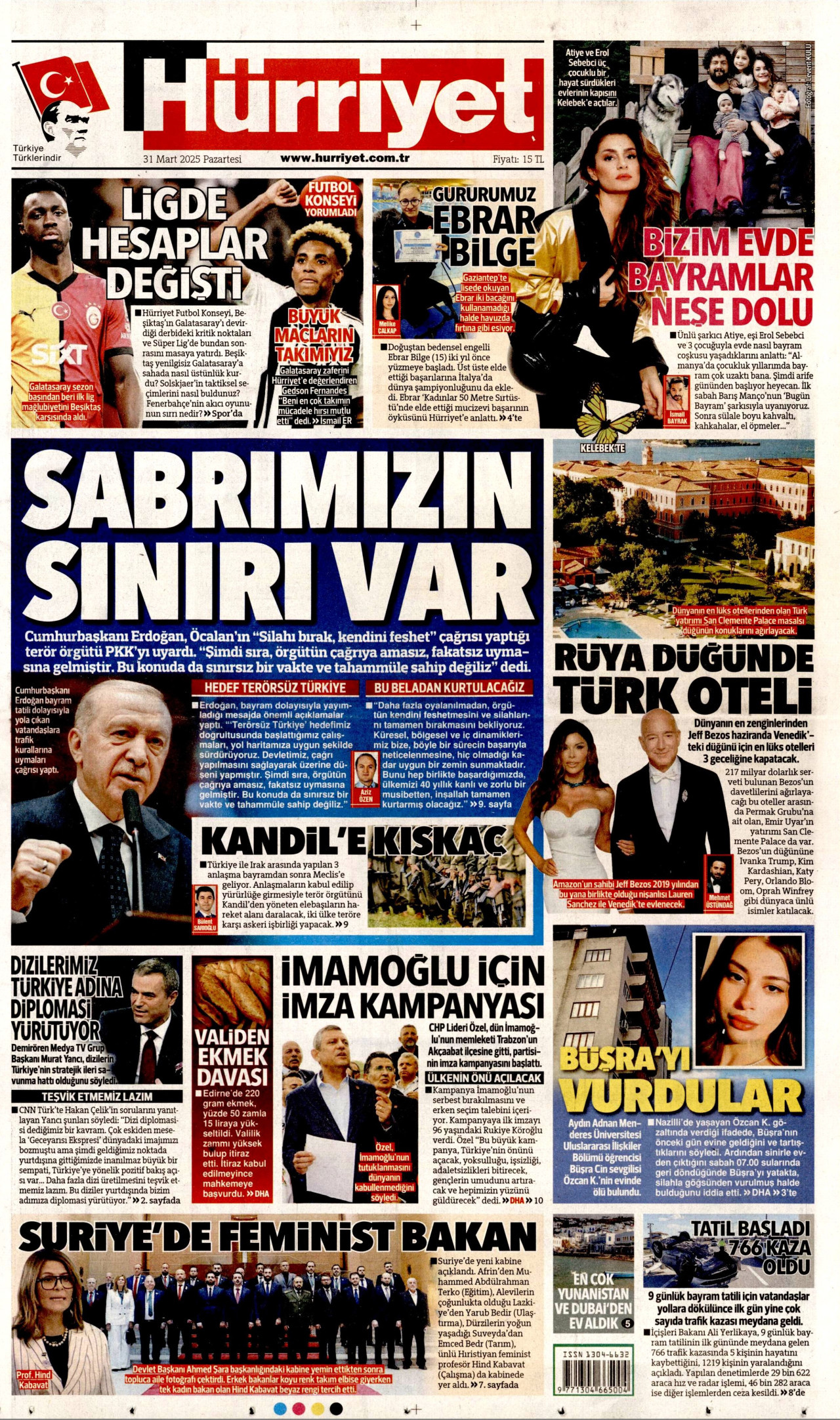 HÜRRİYET gazetesinin 31 Mart 2025 tarihli birinci sayfası