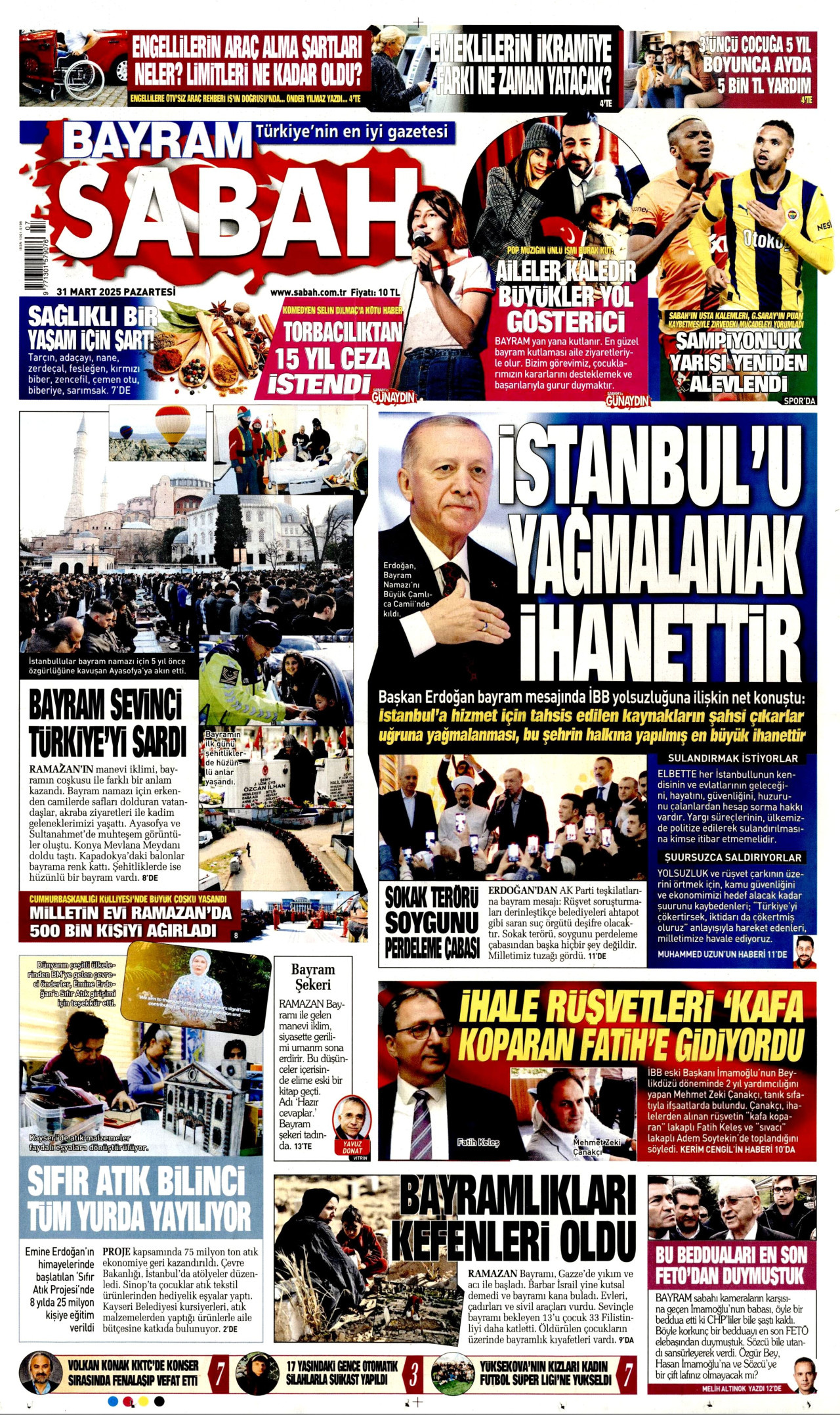 SABAH gazetesinin 31 Mart 2025 tarihli birinci sayfası