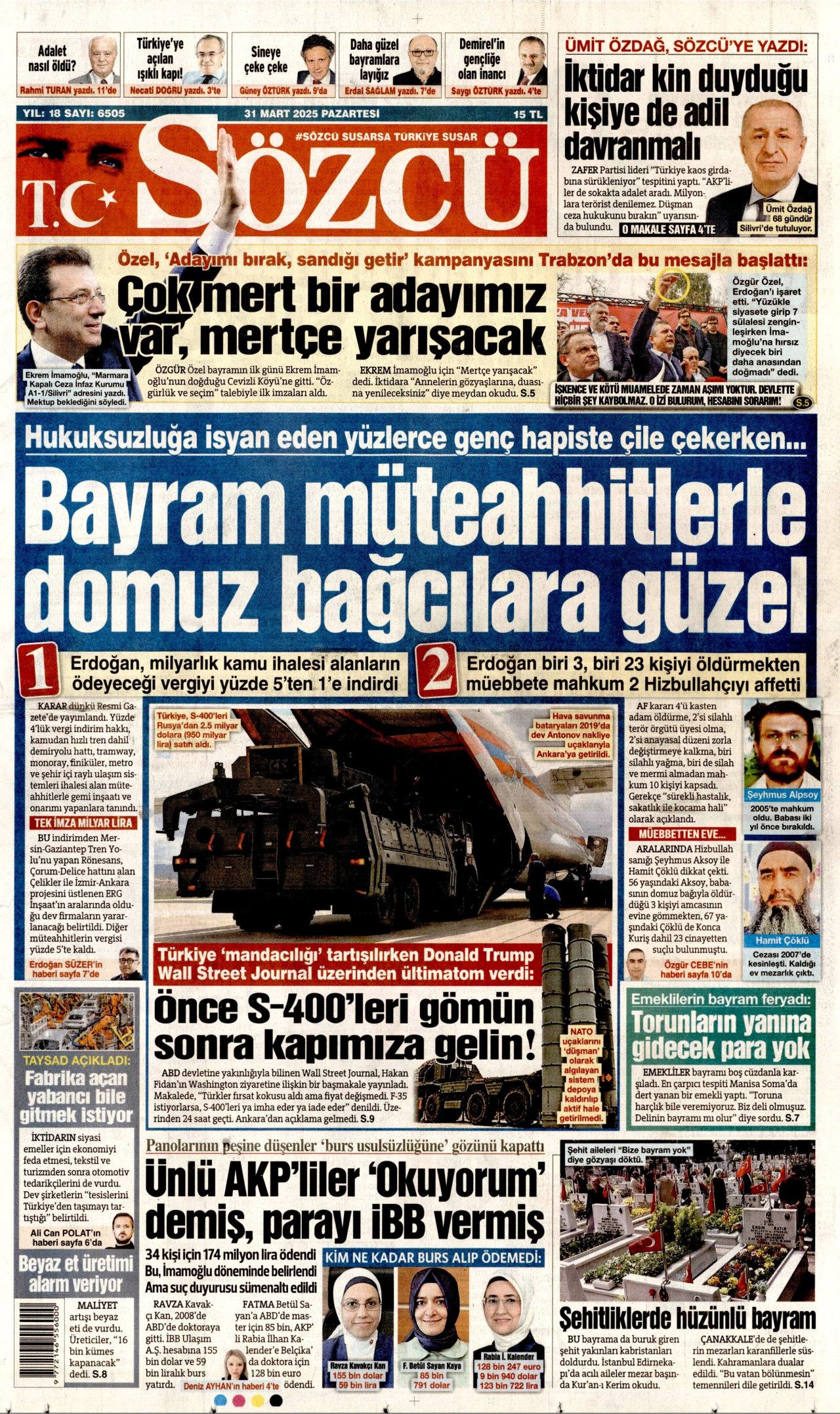 SÖZCÜ gazetesinin 31 Mart 2025 tarihli birinci sayfası