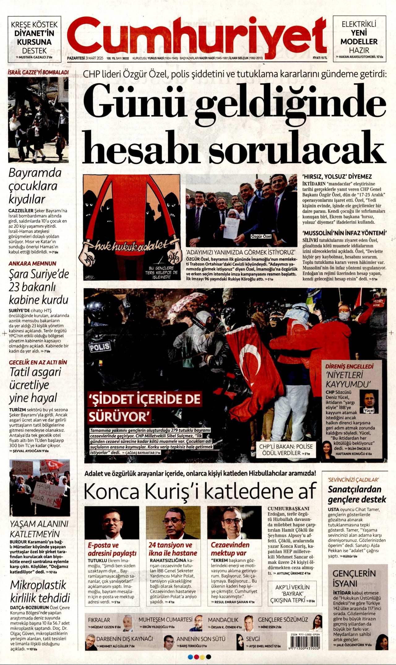 CUMHURİYET gazetesinin 31 Mart 2025 tarihli birinci sayfası