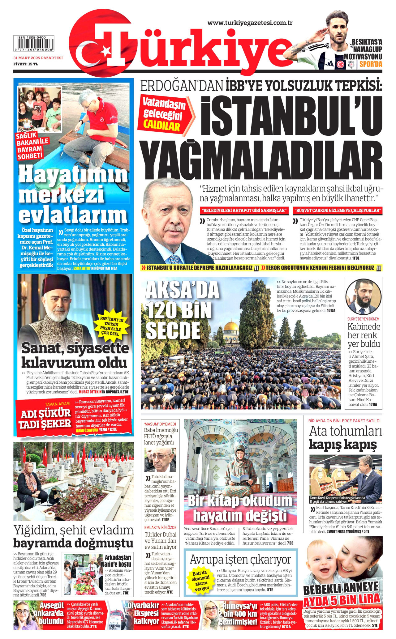 TÜRKİYE GAZETESİ gazetesinin 31 Mart 2025 tarihli birinci sayfası