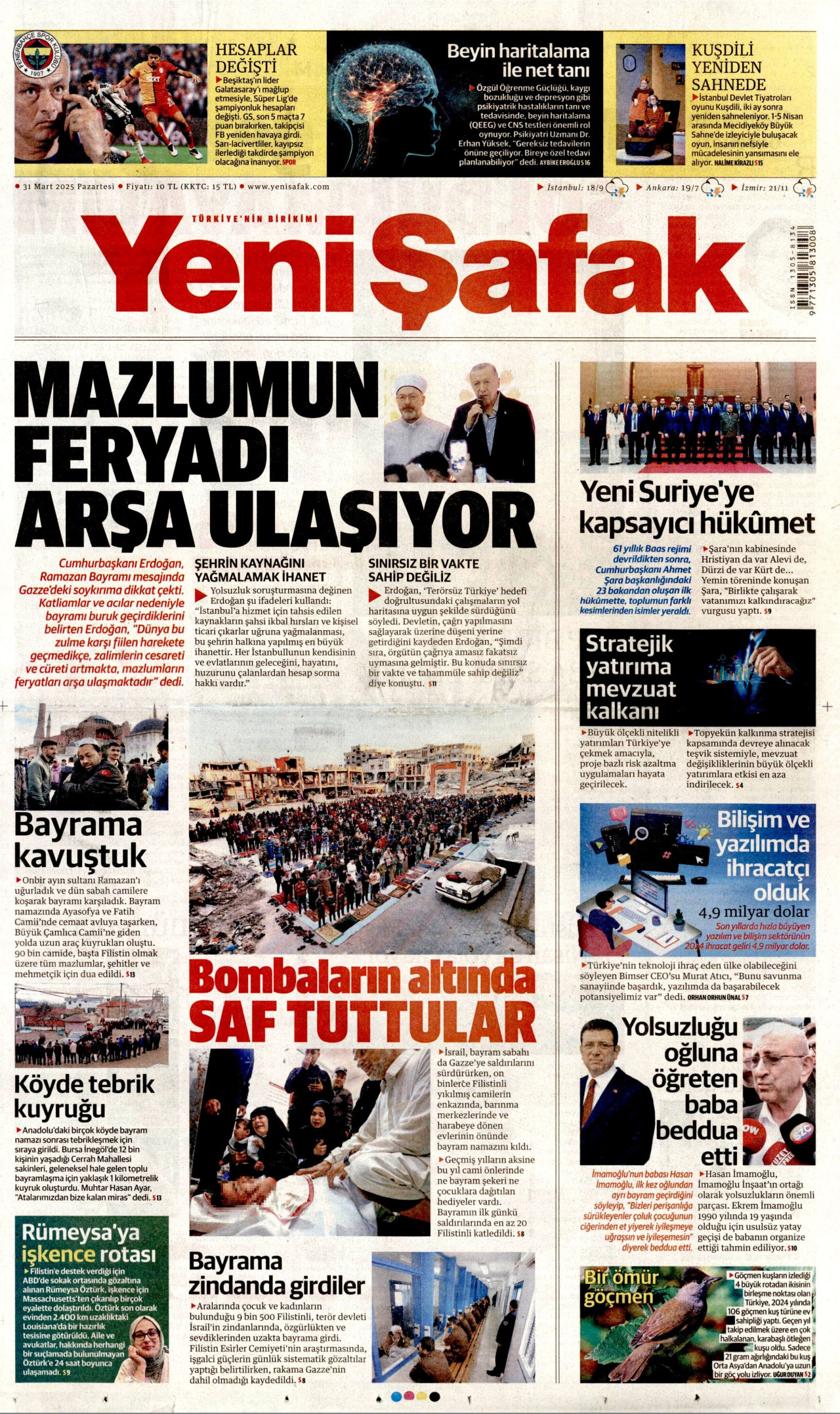 YENİ ŞAFAK gazetesinin 31 Mart 2025 tarihli birinci sayfası