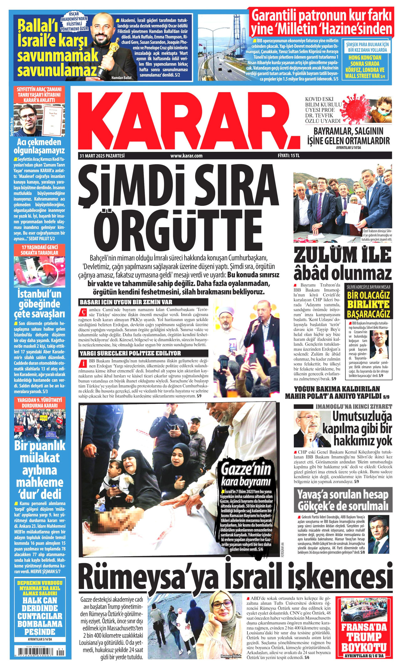 KARAR gazetesinin 31 Mart 2025 tarihli birinci sayfası