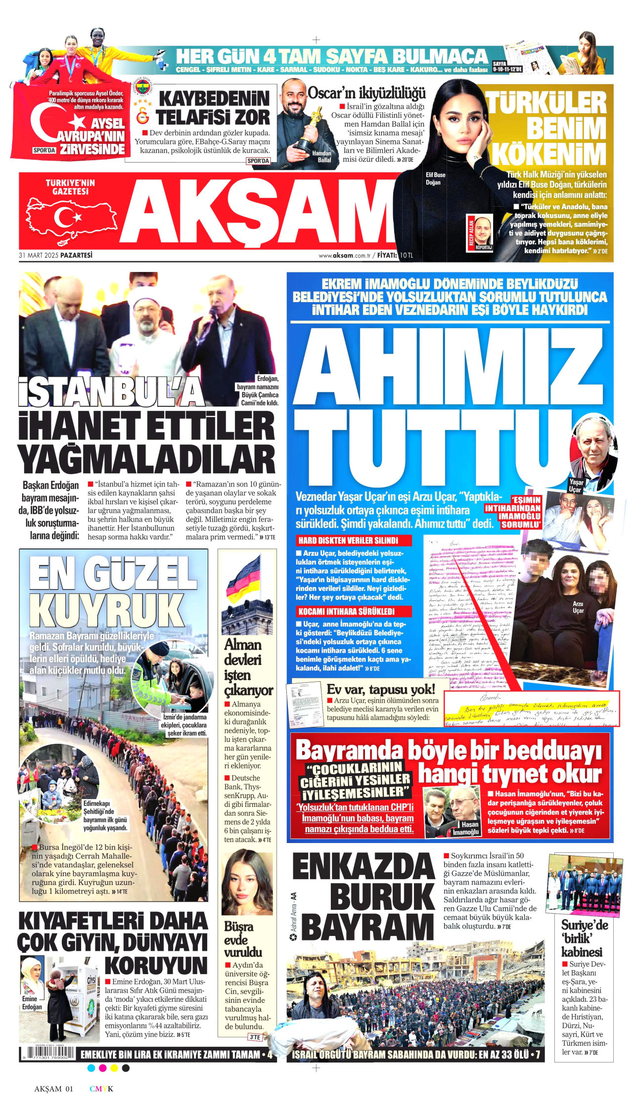 AKŞAM gazetesinin 31 Mart 2025 tarihli birinci sayfası