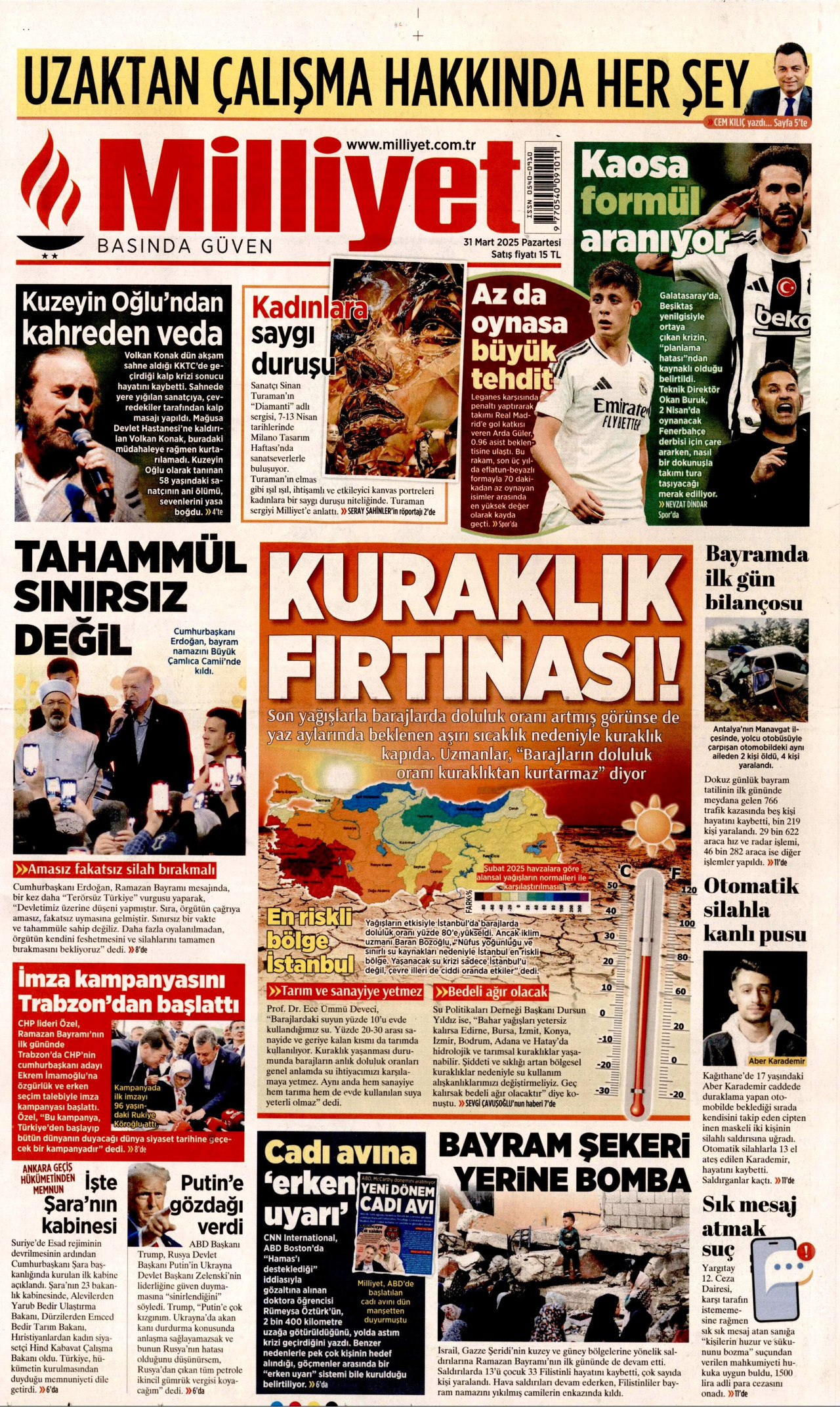 MİLLİYET gazetesinin 31 Mart 2025 tarihli birinci sayfası