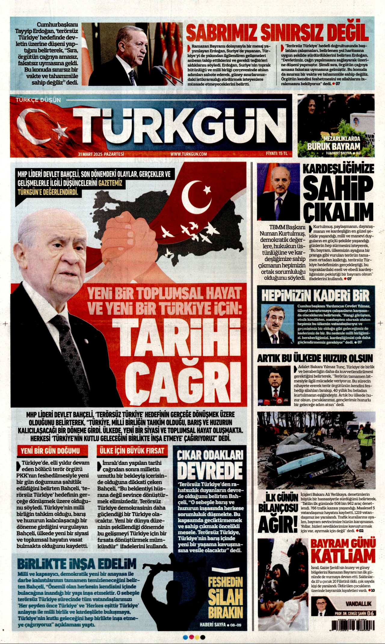 TÜRKGÜN gazetesinin 31 Mart 2025 tarihli birinci sayfası