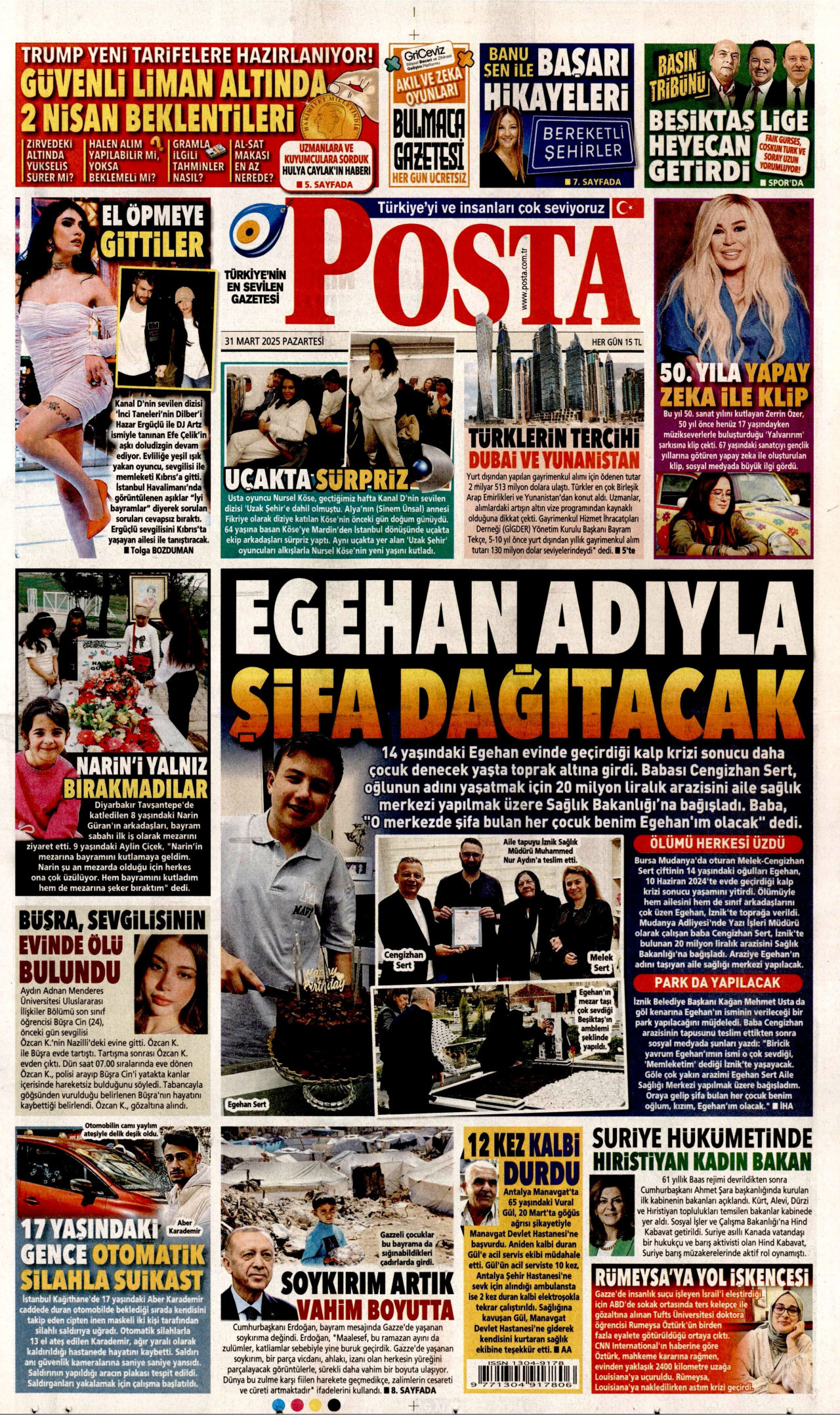 POSTA gazetesinin 31 Mart 2025 tarihli birinci sayfası