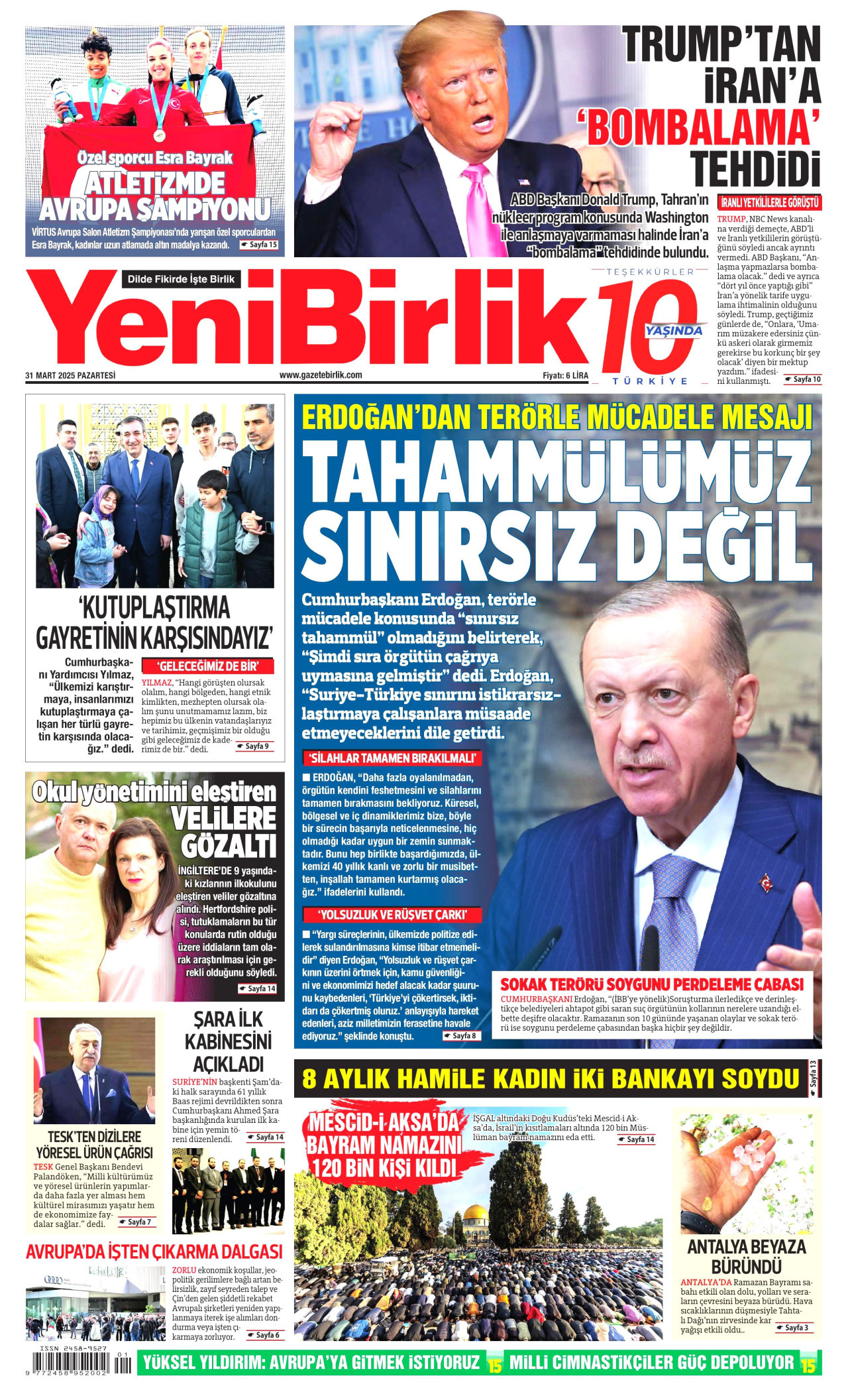 YENİBİRLİK gazetesinin 31 Mart 2025 tarihli birinci sayfası