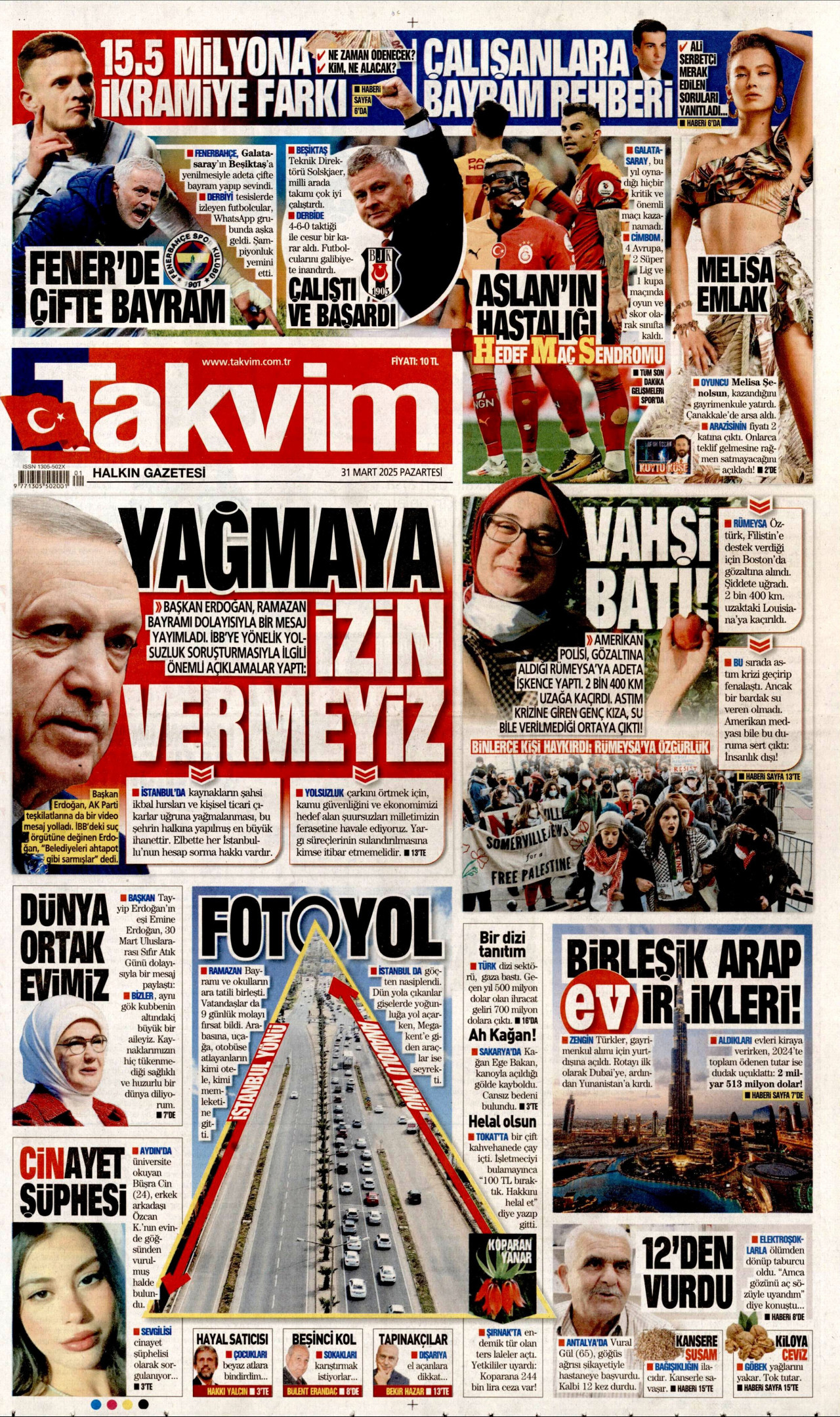 TAKVİM gazetesinin 31 Mart 2025 tarihli birinci sayfası