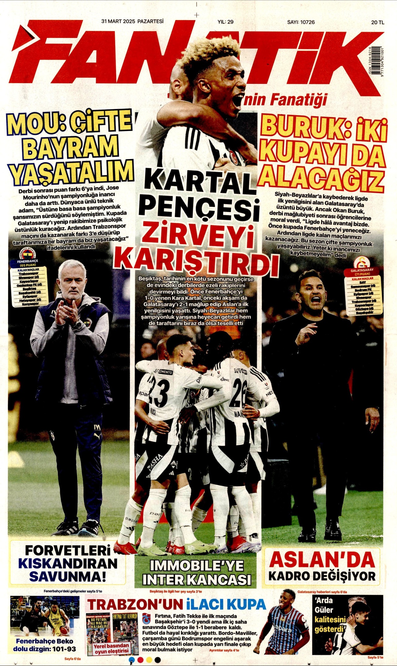 FANATİK gazetesinin 31 Mart 2025 tarihli birinci sayfası