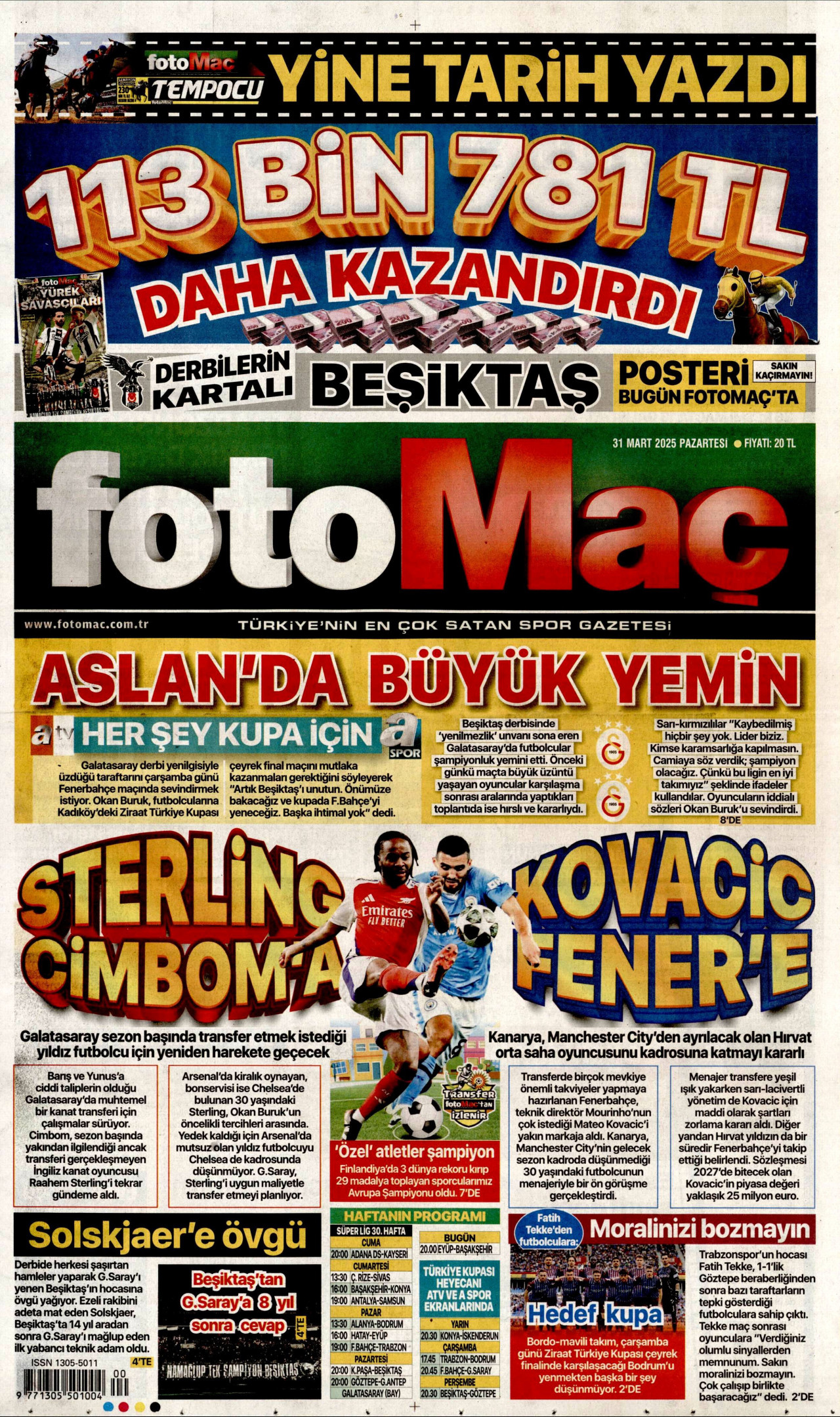 FOTOMAÇ gazetesinin 31 Mart 2025 tarihli birinci sayfası