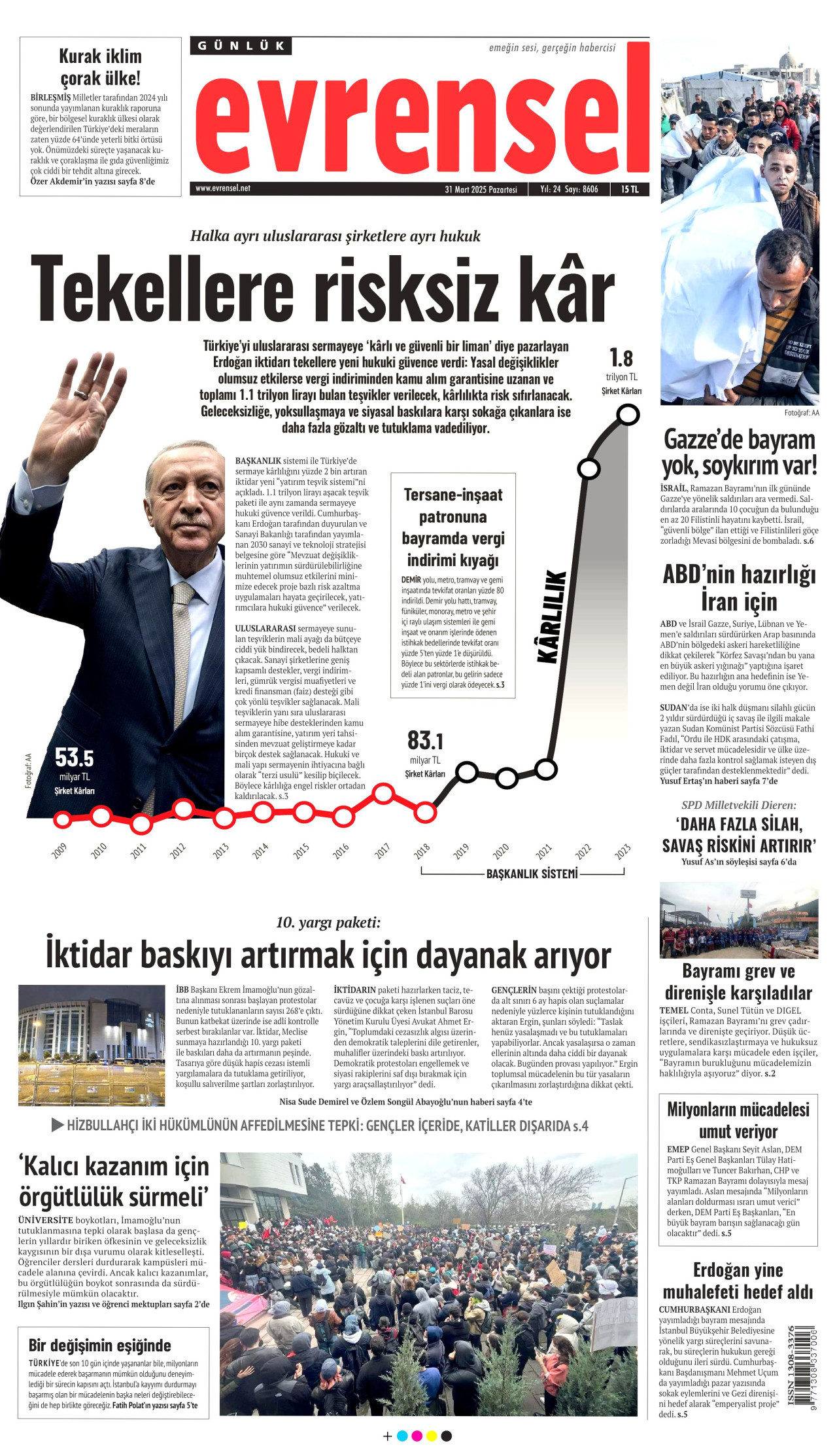 EVRENSEL gazetesinin 31 Mart 2025 tarihli birinci sayfası