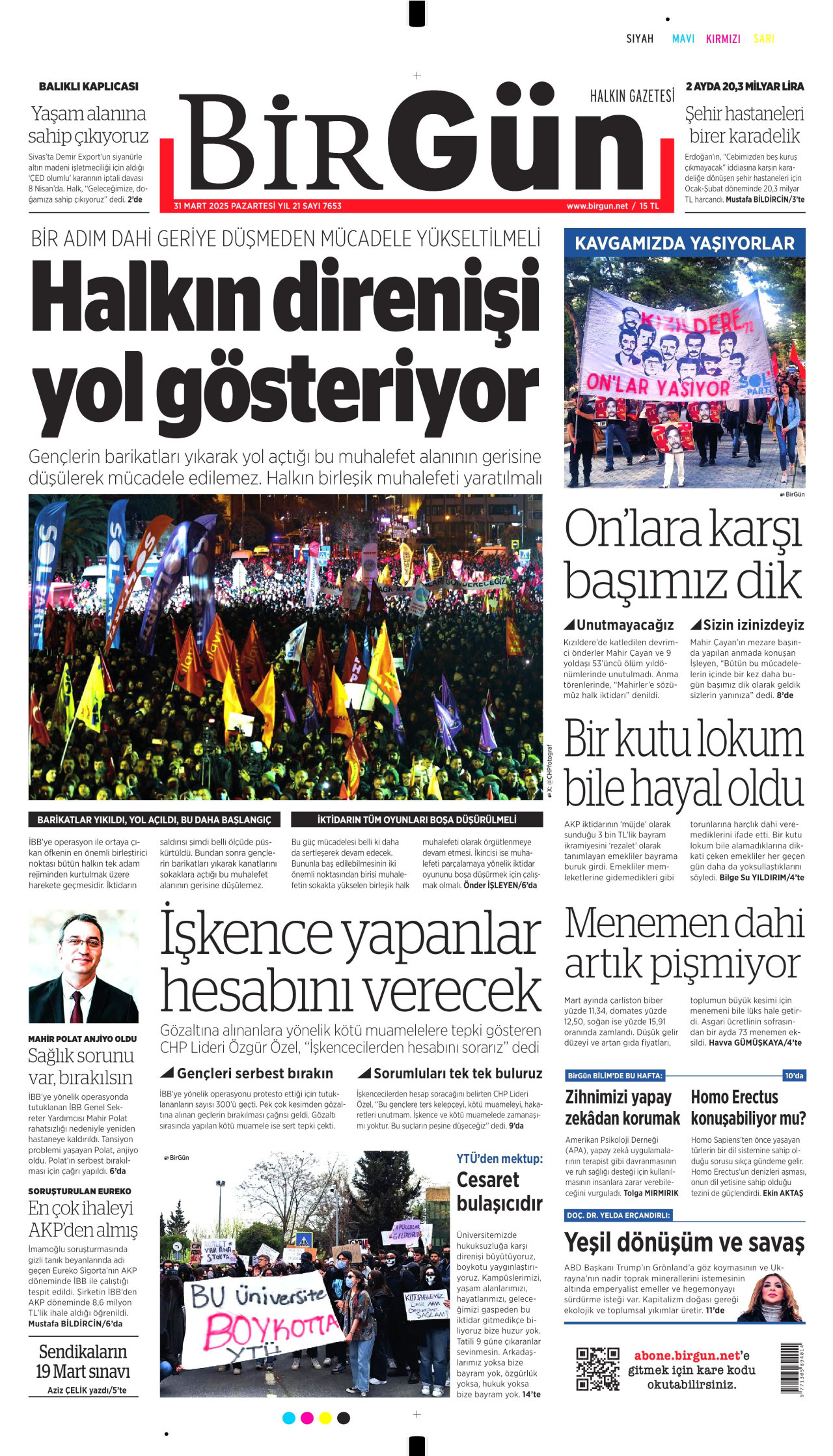 BİRGÜN gazetesinin 31 Mart 2025 tarihli birinci sayfası