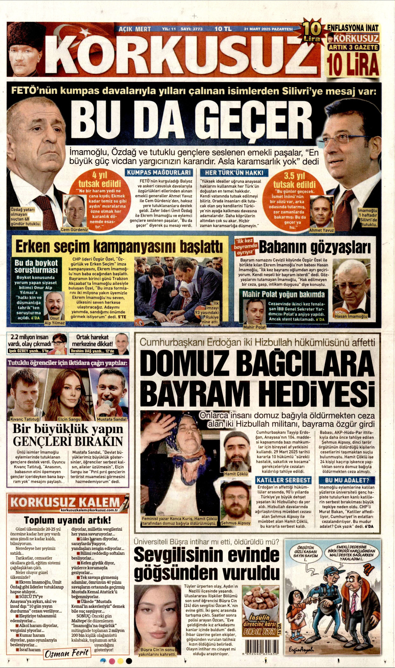 KORKUSUZ gazetesinin 31 Mart 2025 tarihli birinci sayfası