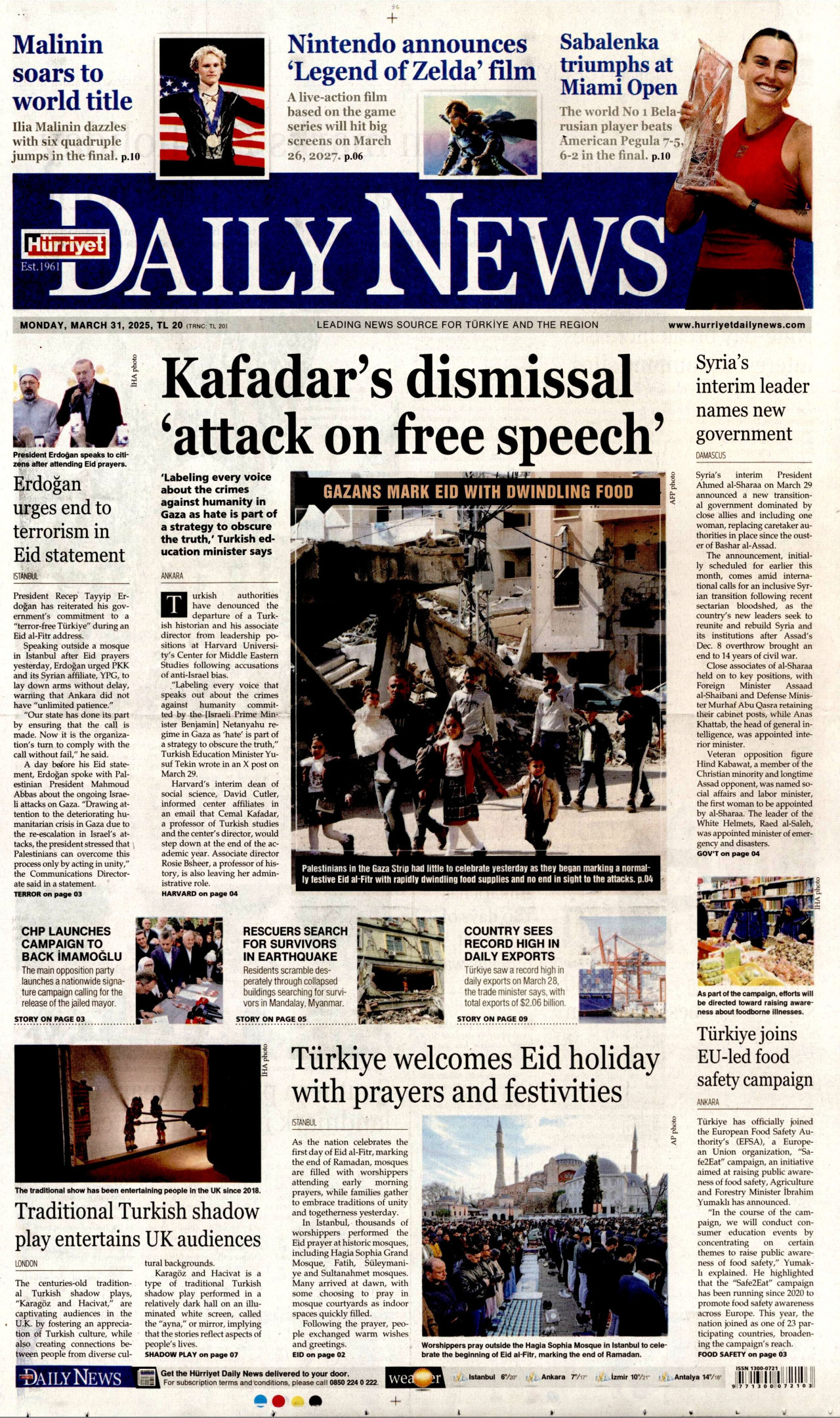 HÜRRİYET DAİLY NEWS gazetesinin 31 Mart 2025 tarihli birinci sayfası