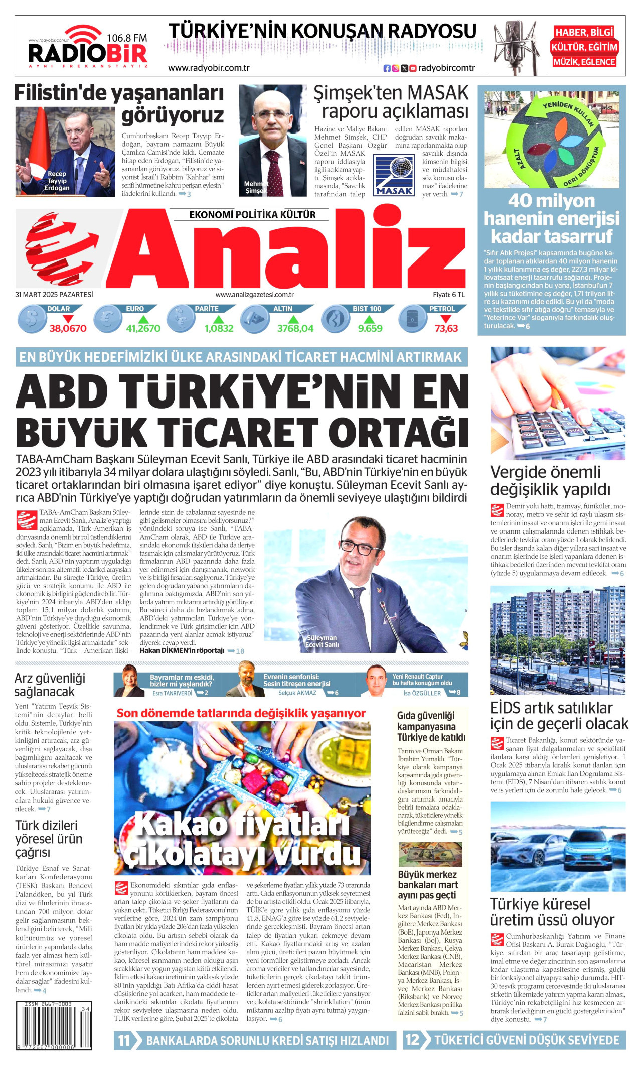 ANALİZ gazetesinin 31 Mart 2025 tarihli birinci sayfası