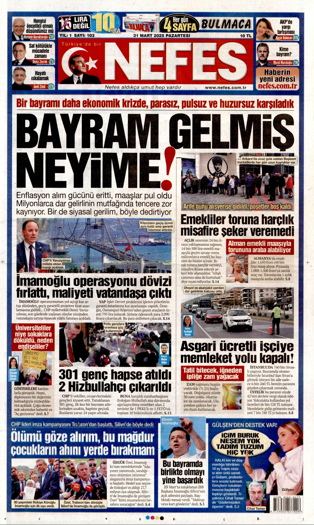 NEFES gazetesinin 31 Mart 2025 tarihli birinci sayfası