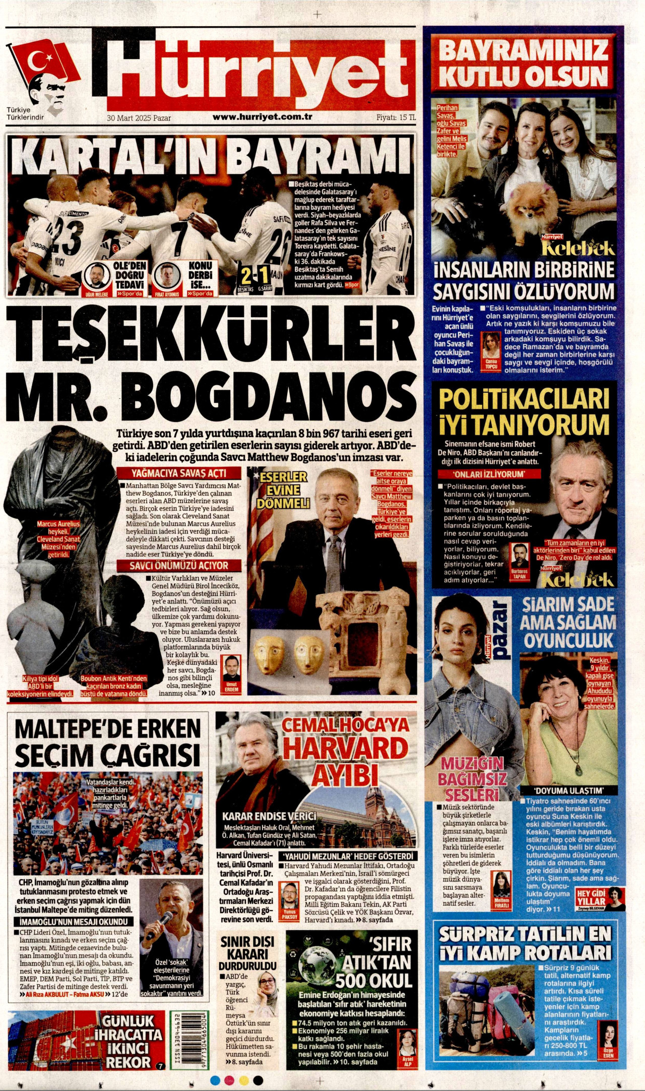HÜRRİYET gazetesinin 30 Mart 2025 tarihli birinci sayfası